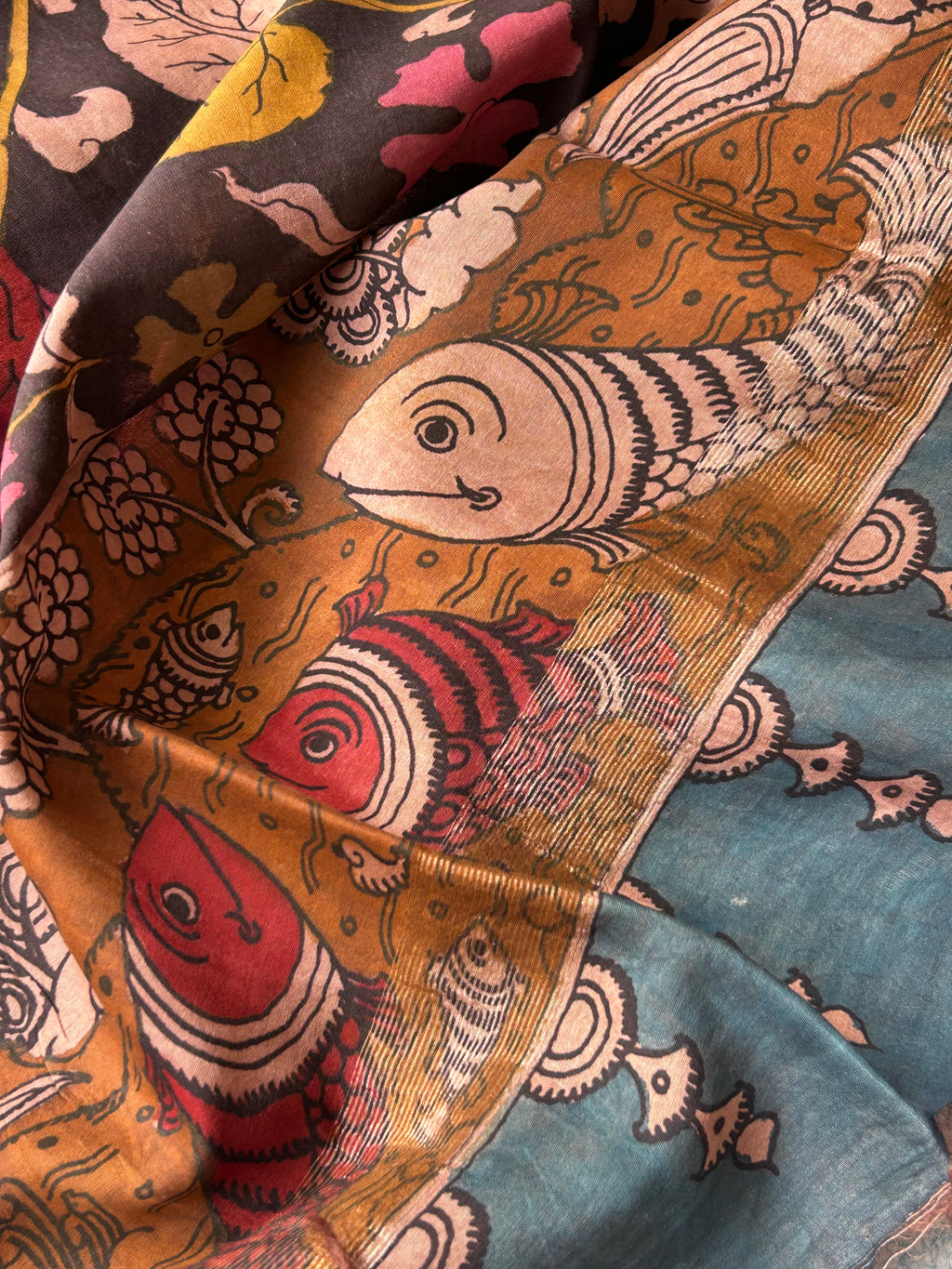 Rang- Manjari -Handwoven Hand-drawn Handpainted Pen Kalamkari Dupatta