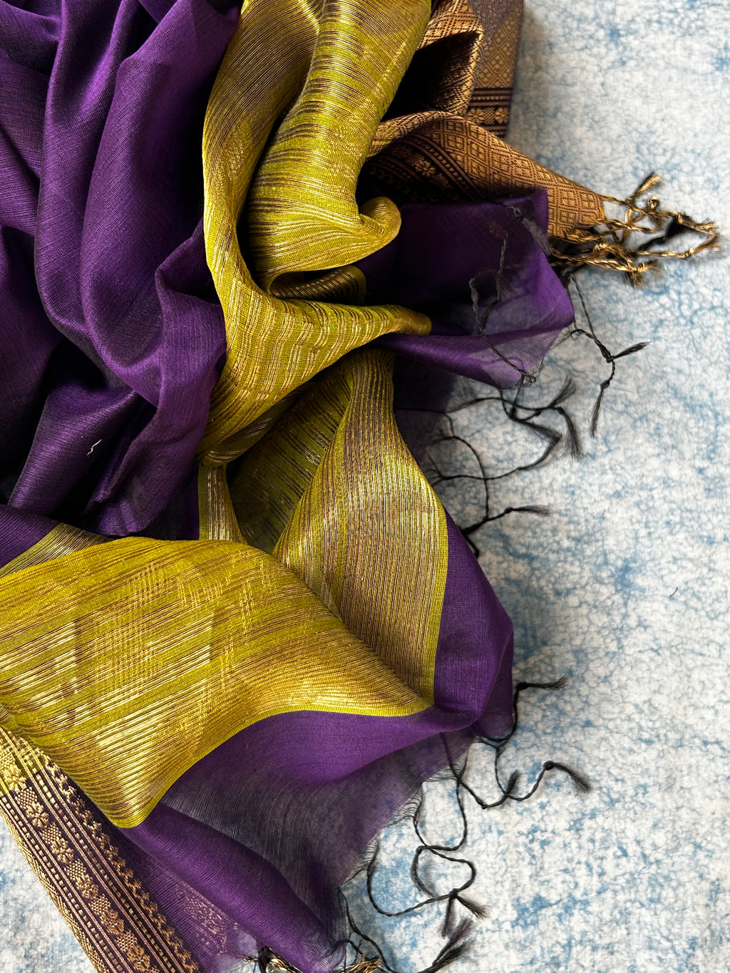 Handwoven Maheshwari Kurta Dupatta Set - Lime Green & Purple
