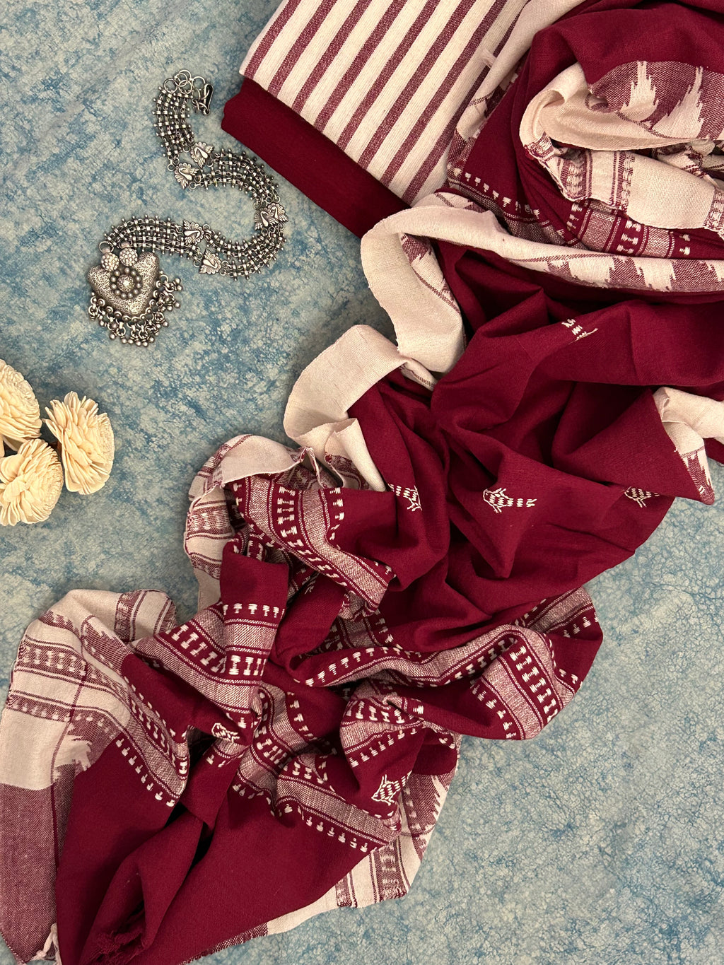 Handspun Handwoven Kotpad Suit Set - Ivory & Deep Maroon