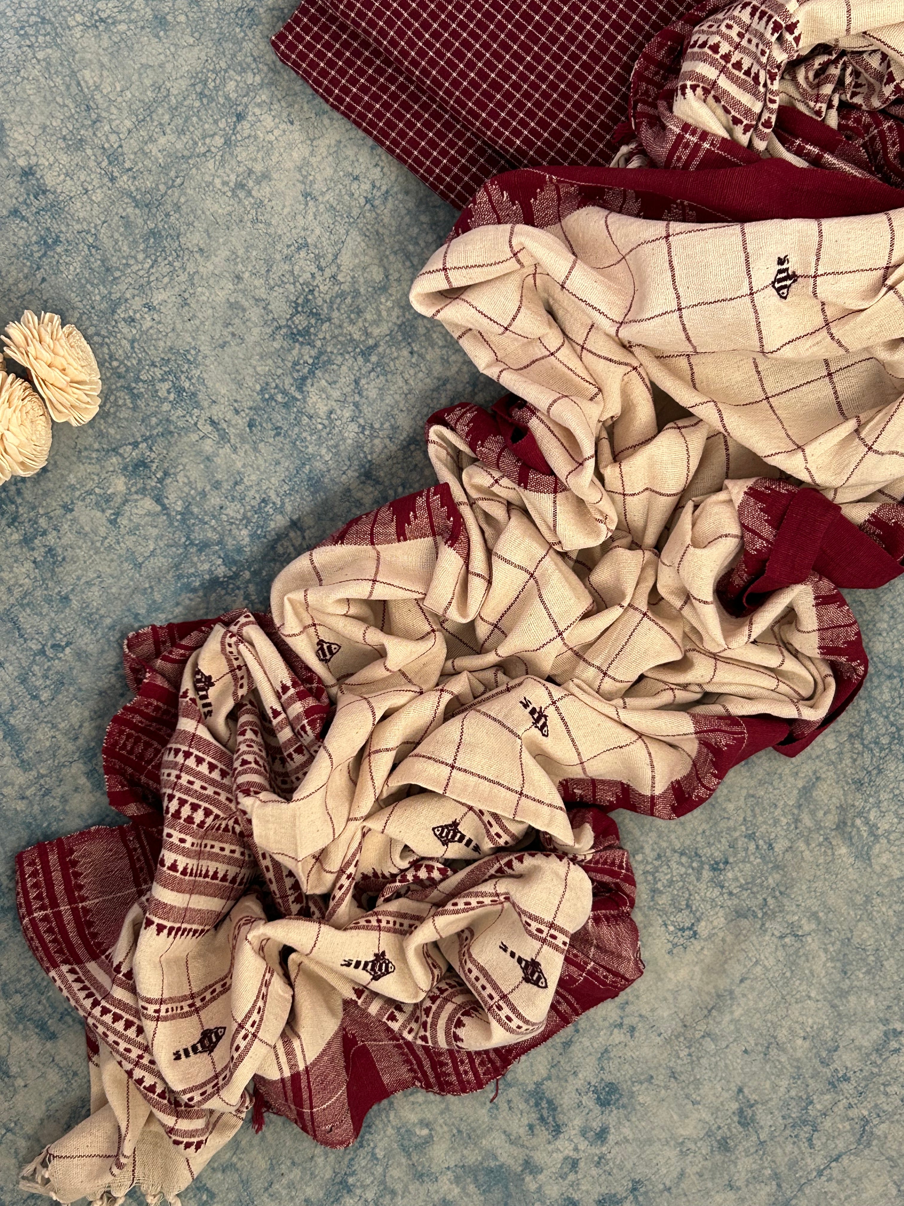 Handspun Handwoven Kotpad Suit Set - Maroon Check