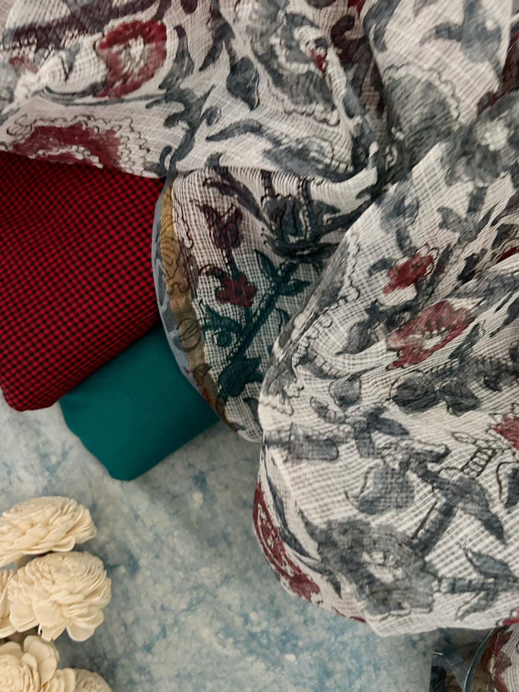 Handwoven Handblock Printed Set - Deep Red and Teal