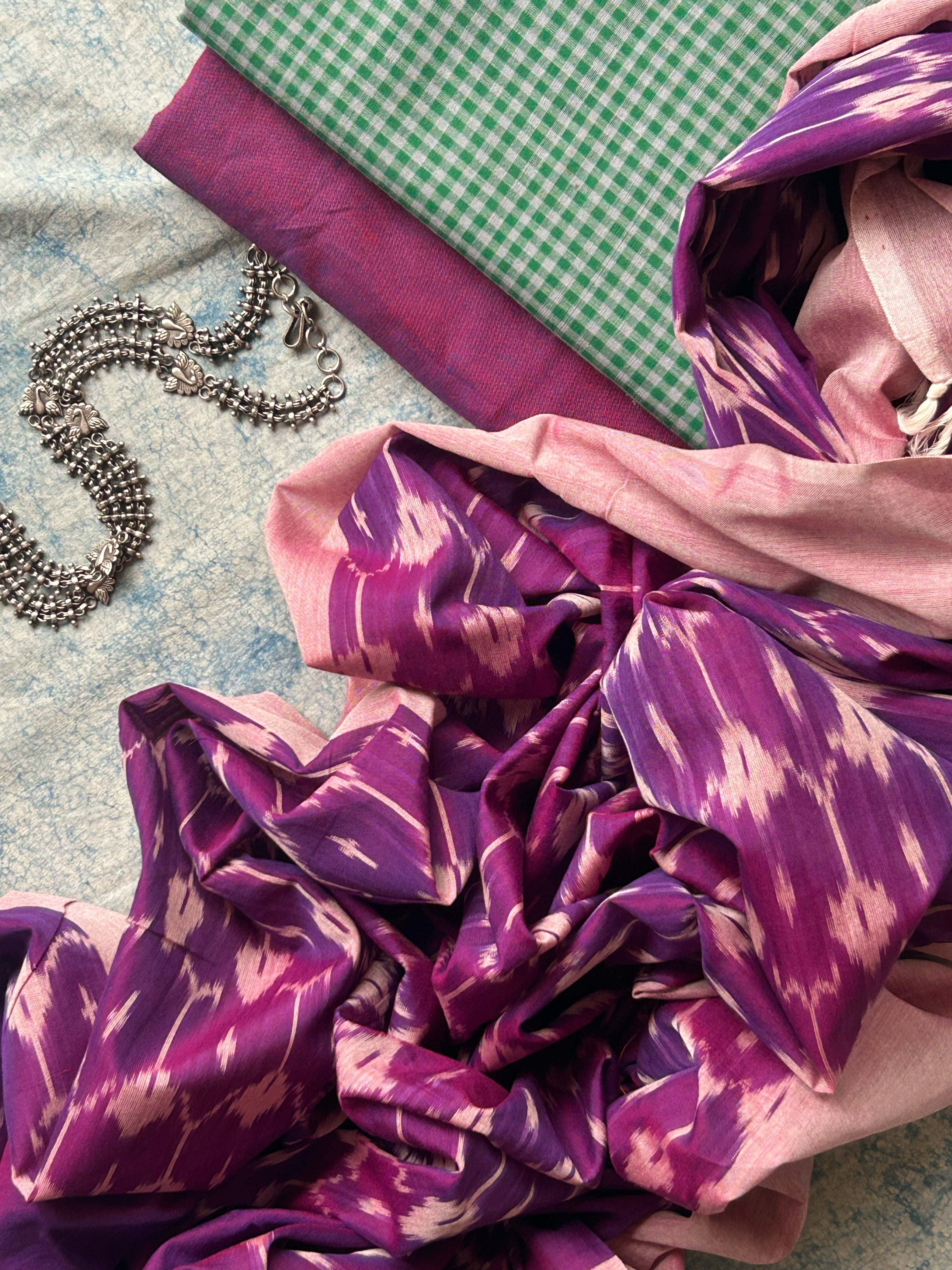Handwoven Mangalagiri & Ikat Kurta Dupatta Set- Checkered Green and Deep Purple