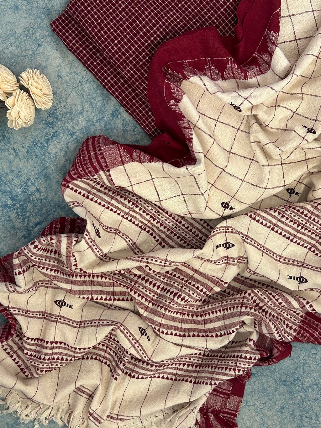 Handspun Handwoven Kotpad Suit Set - Maroon Check