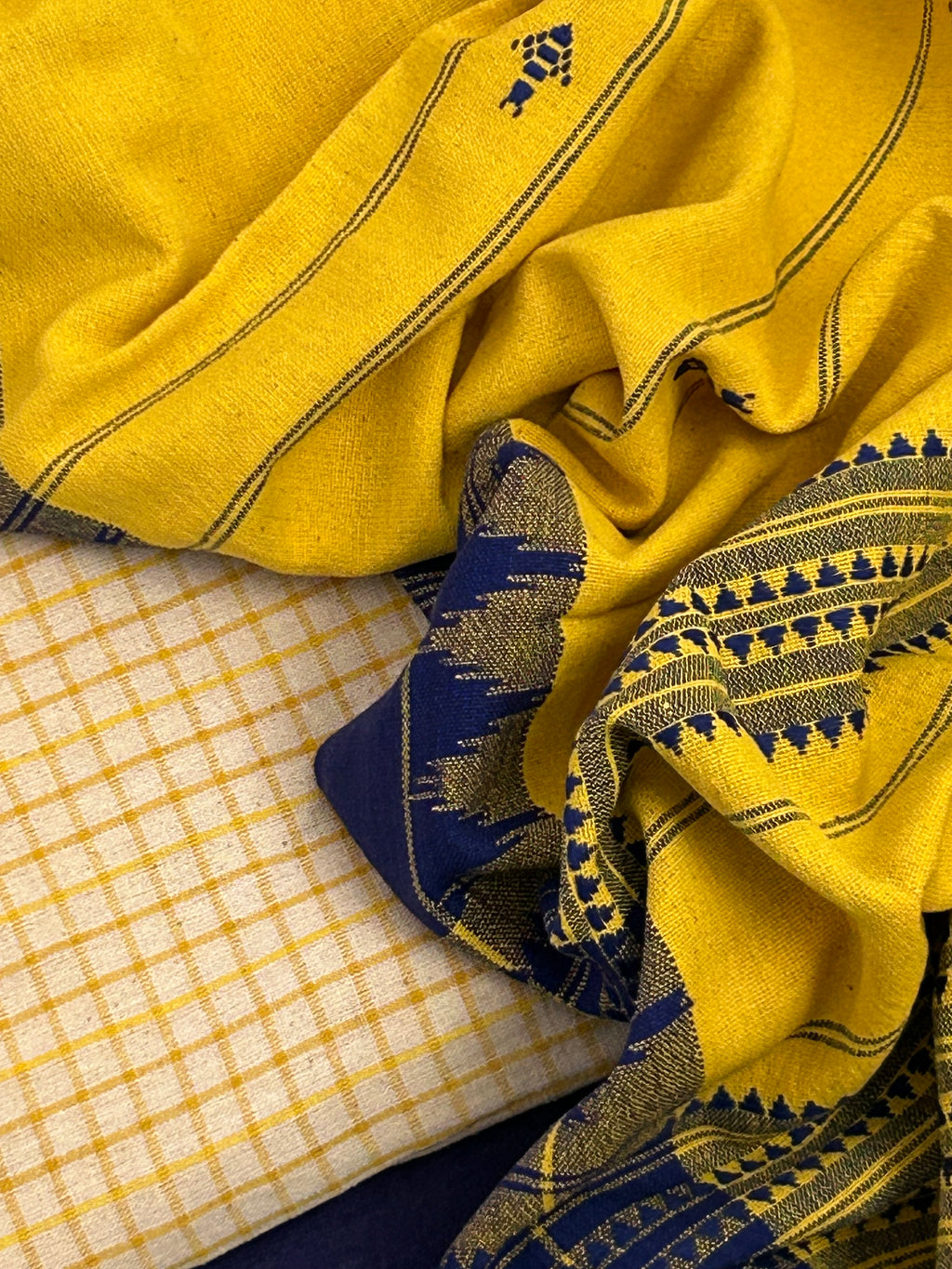 Handspun Handwoven Kotpad Suit Set - Checkered Yellow & Blue