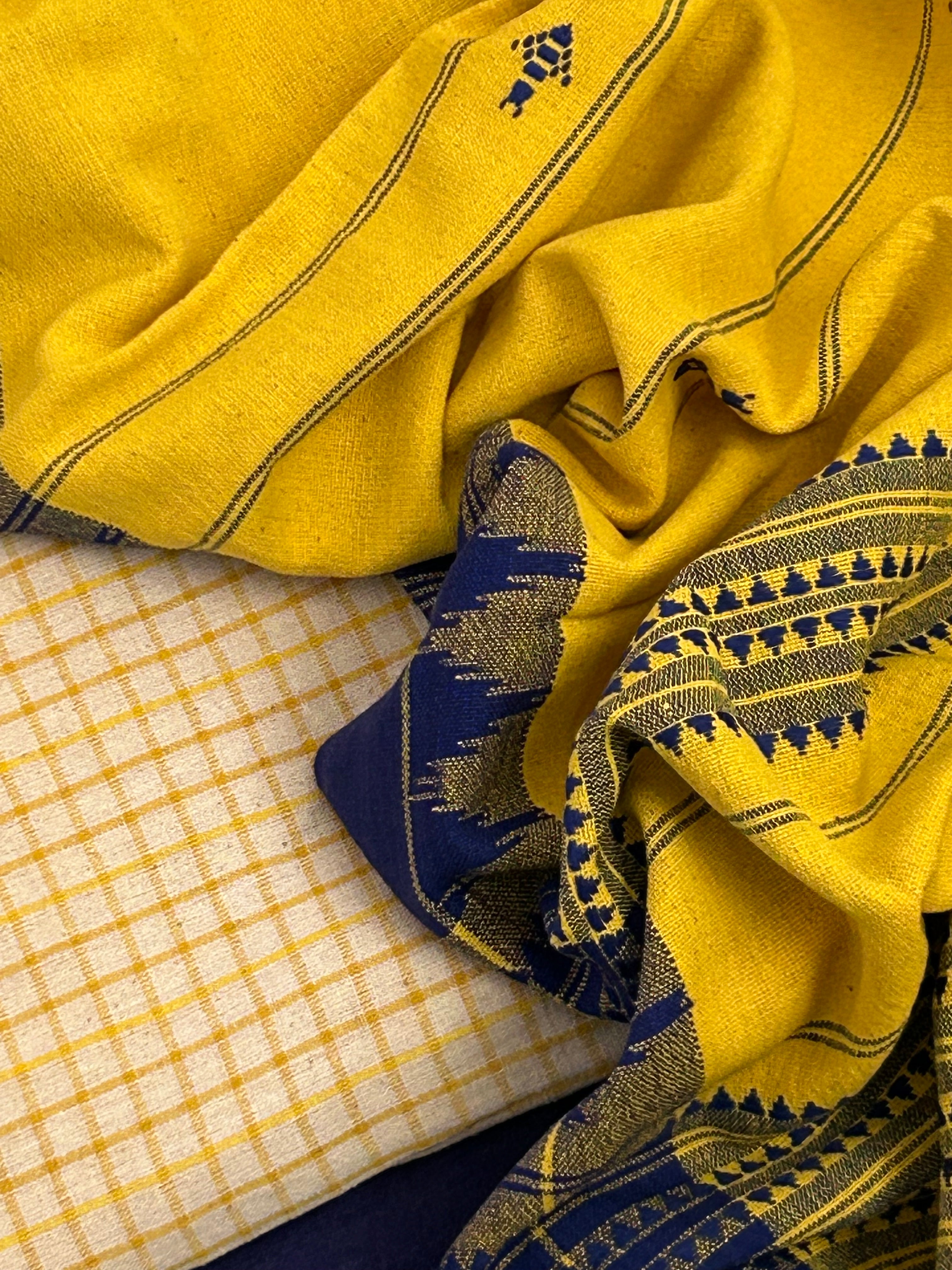 Handspun Handwoven Kotpad Suit Set - Checkered Yellow & Blue