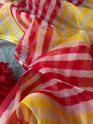 Handcrafted Tie-Dye Silk Kota Doria Dupatta -Yellow & Red