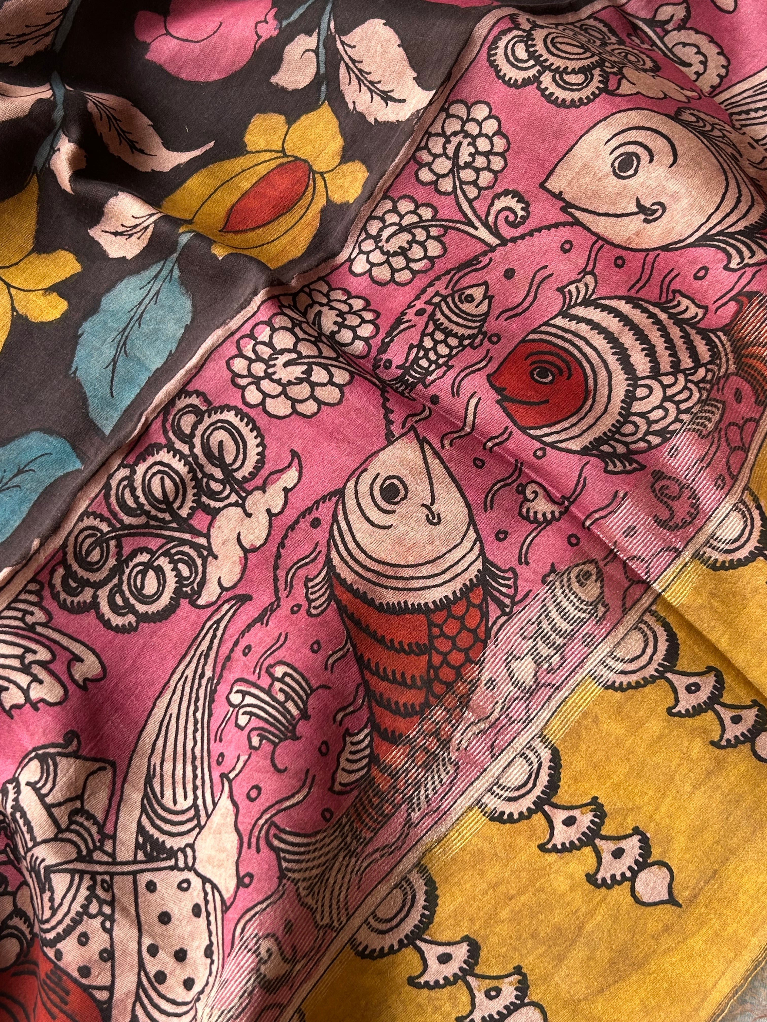 Pushpanjali -Handwoven Hand-drawn Handpainted Pen Kalamkari Dupatta