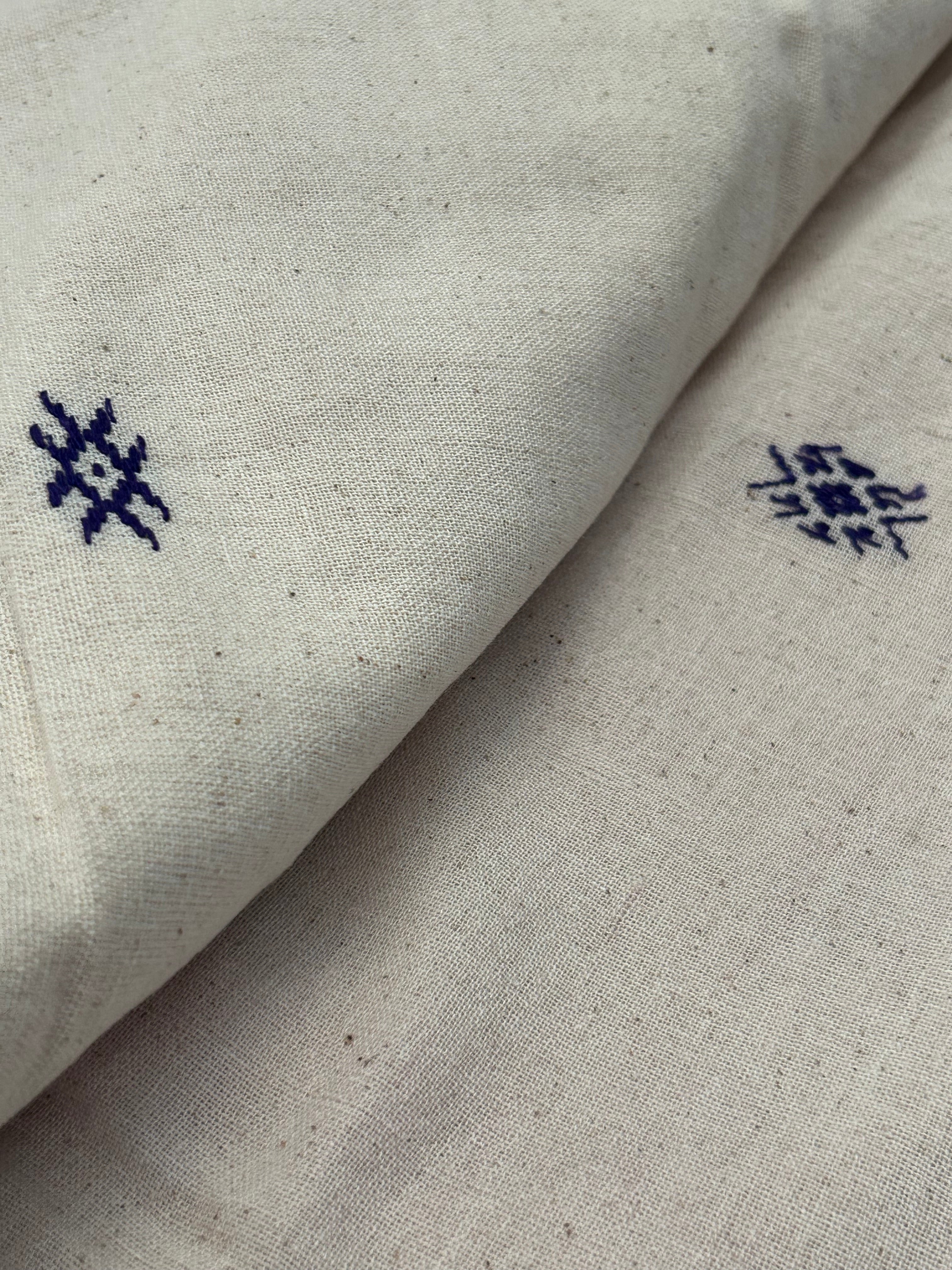 Handspun Handwoven Kotpad Fabric 650 INR/metre - Ivory and Blue Butti