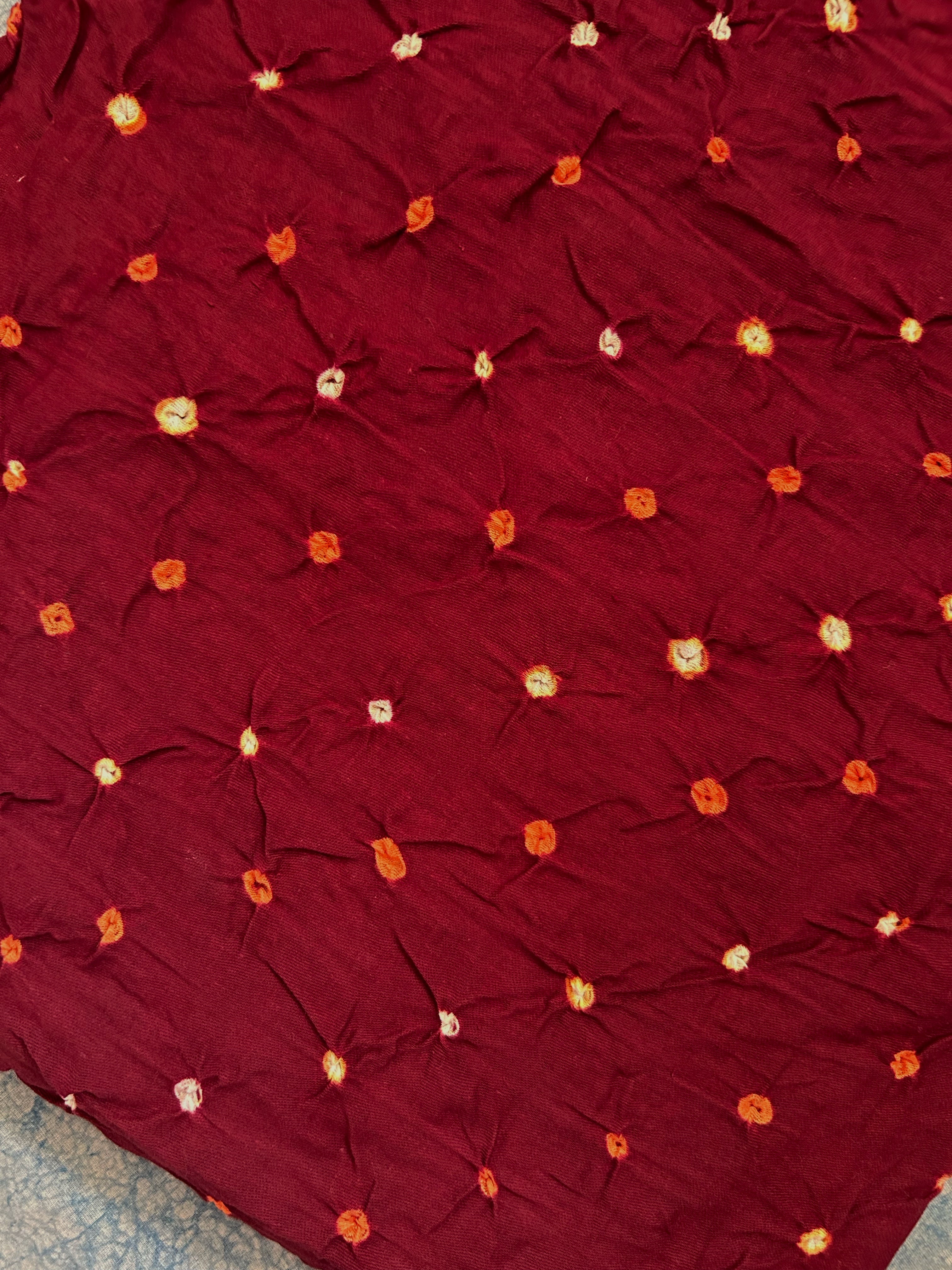 Handdone Ek Bundi Bandhani Cotton Satin Kurta Fabric - Maroon