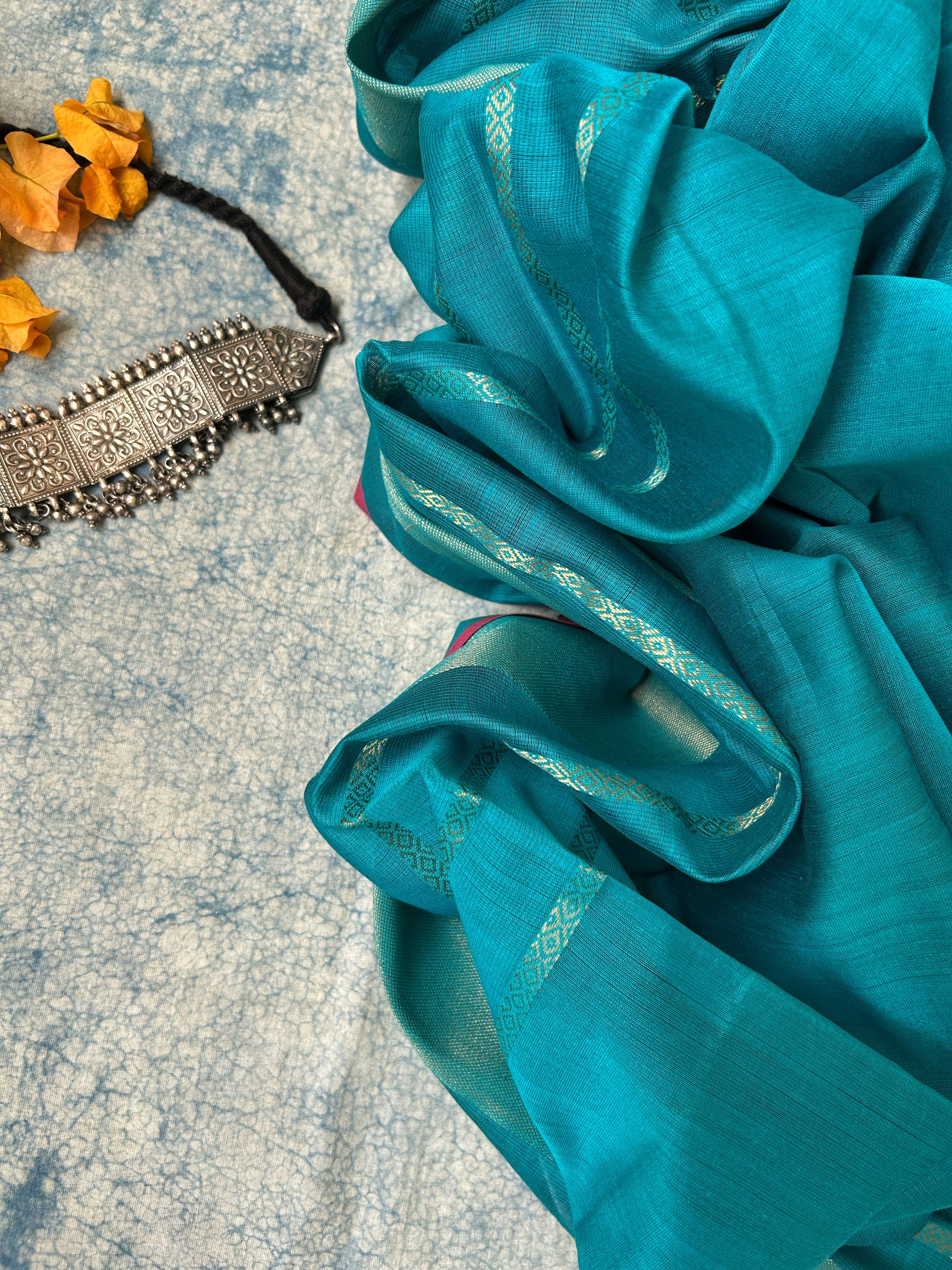 Handwoven Maheshwari Kurta Dupatta Set -Teal Blue