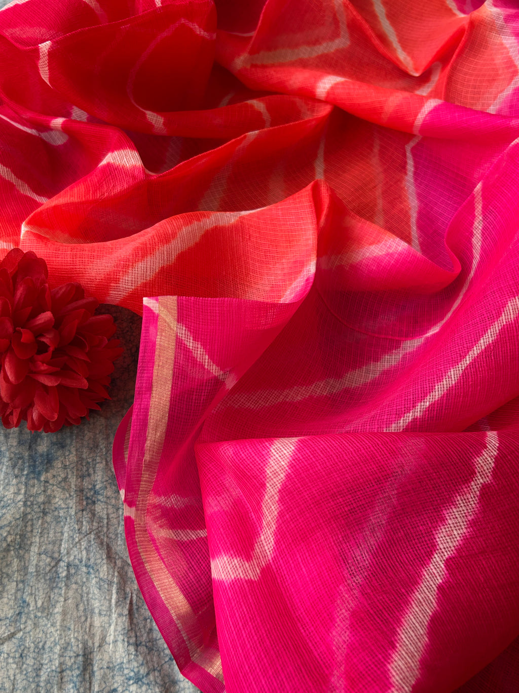 Handcrafted Tie-Dye Silk Kota Doria Dupatta -Orange, Red & PInk