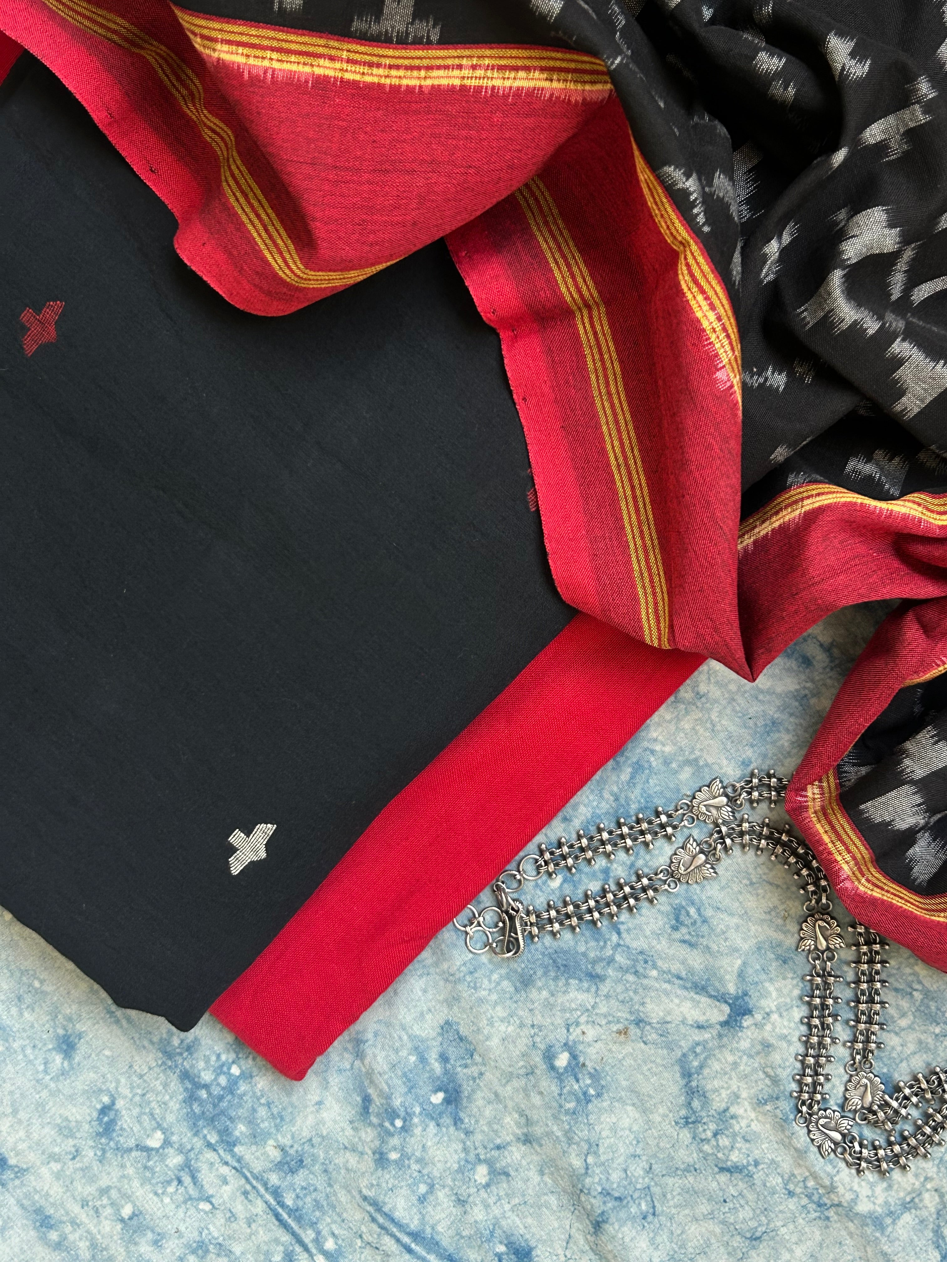 Handwoven Cotton Bengal Jamdani Dupatta Set -Midnight Rose