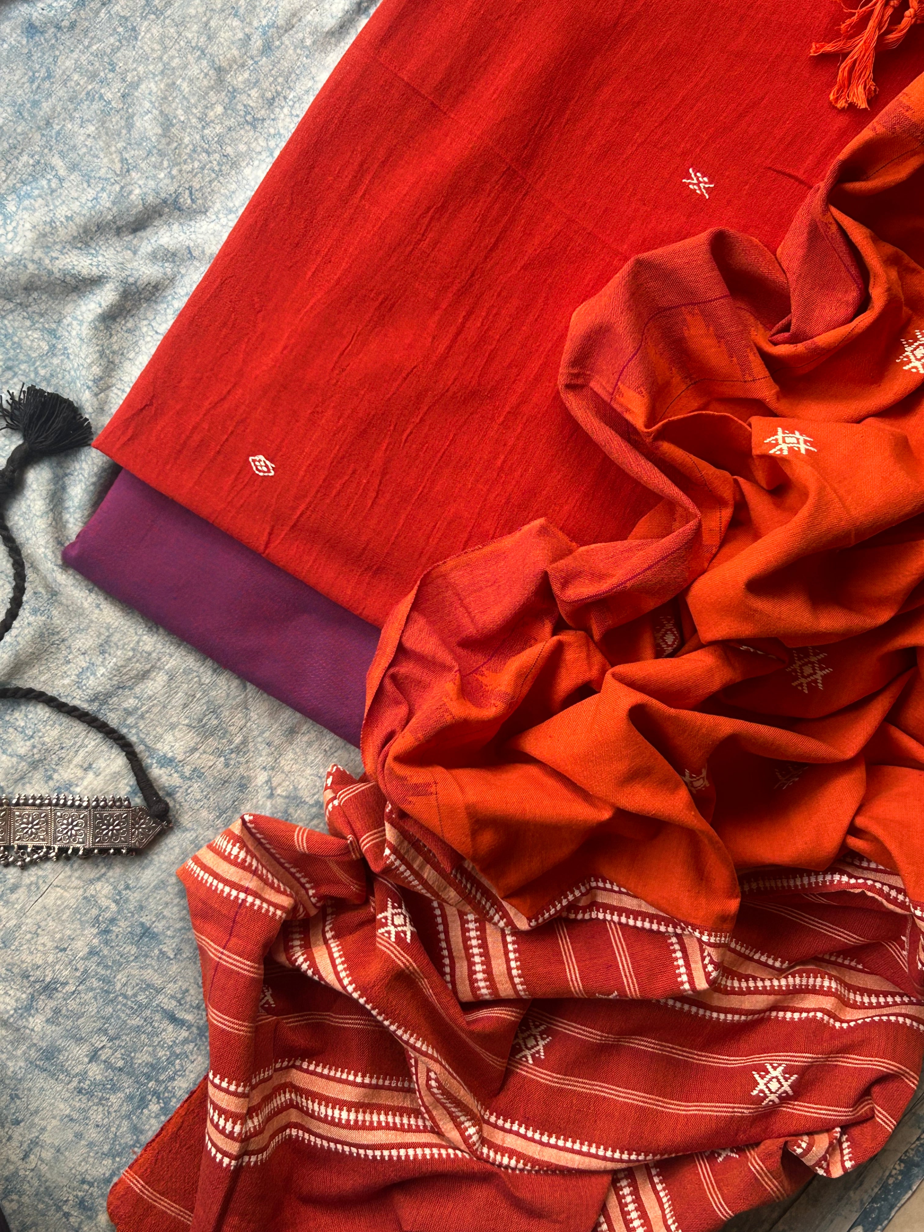 Handspun Handwoven Kotpad Suit Set - Bright Orange and Purple