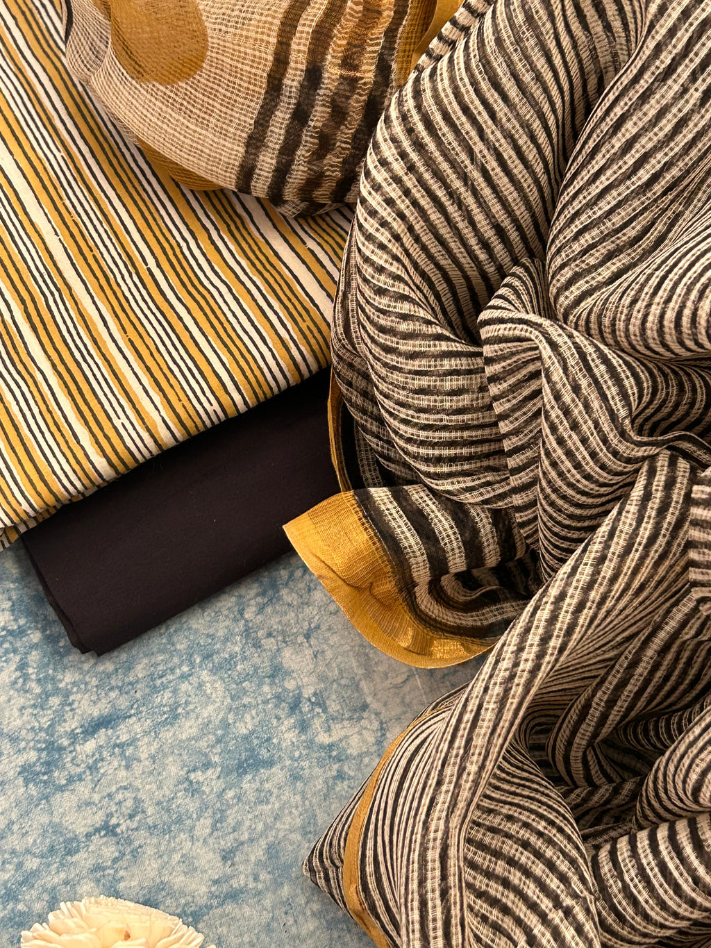 Handcrafted Cotton Suit Set - Mustard Stripes and Black
