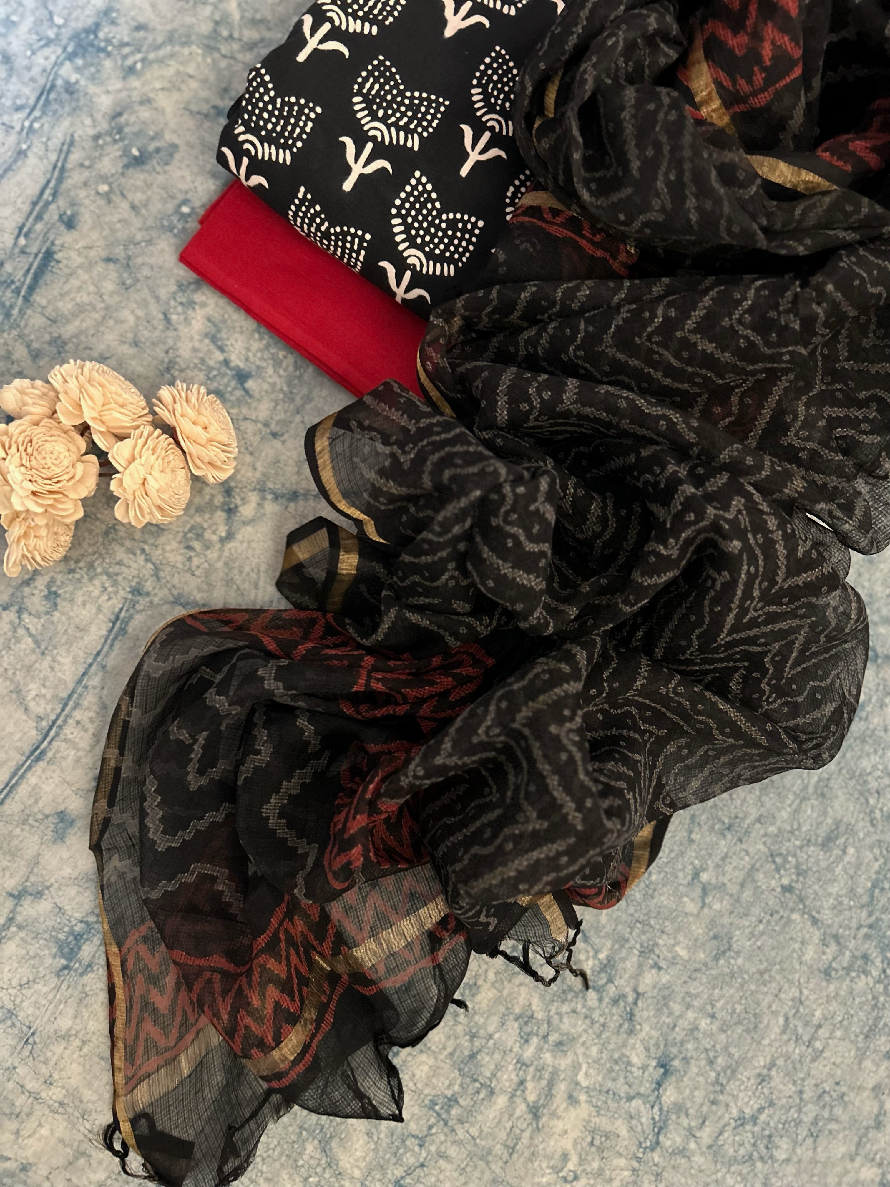 Handcrafted Cotton Suit Set - Black and Maroon