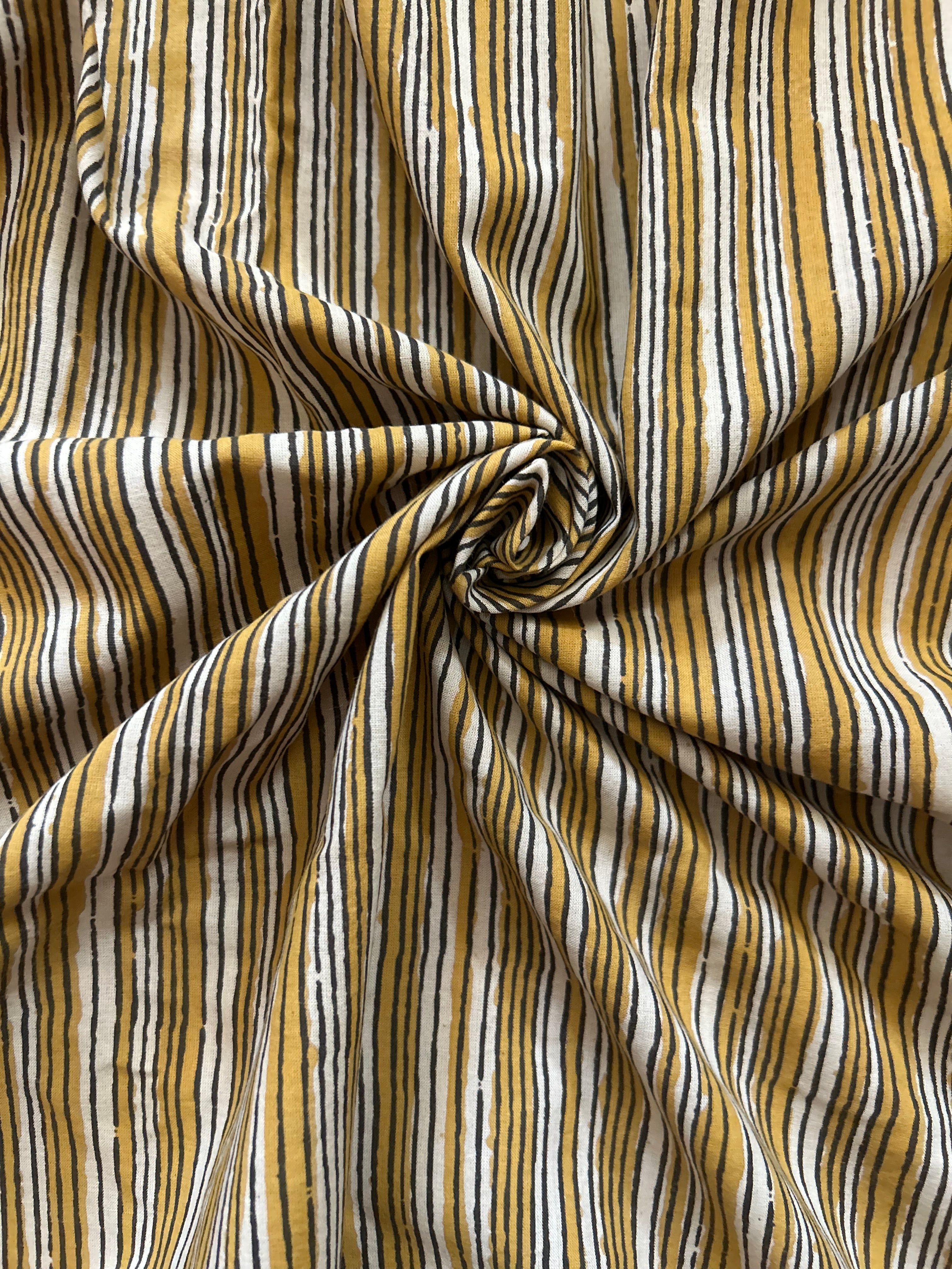 Bagru Handblock Printed Azofree dye cotton - Mustard Stripes(1.20m)
