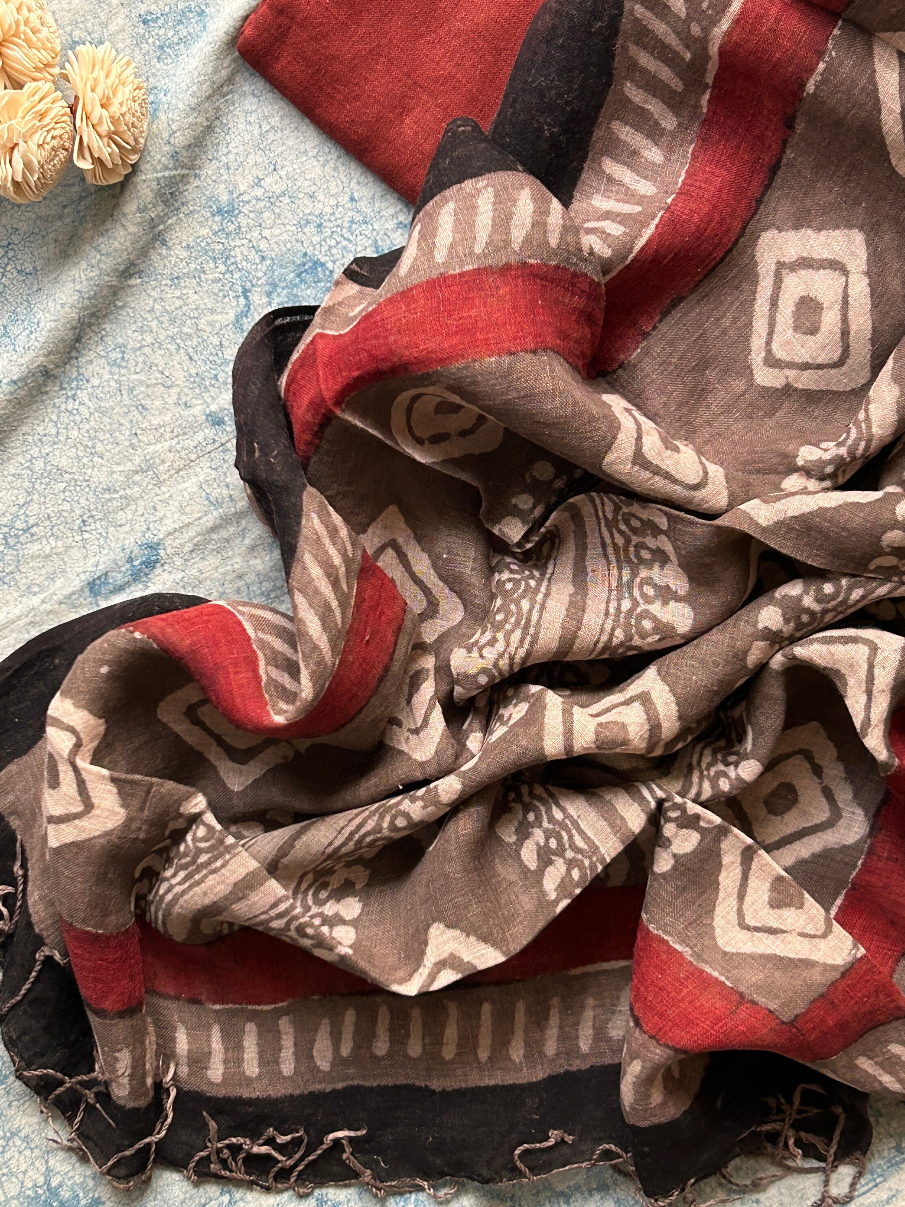 Handcrafted Linen Kurta Dupatta Set - Rust Maroon