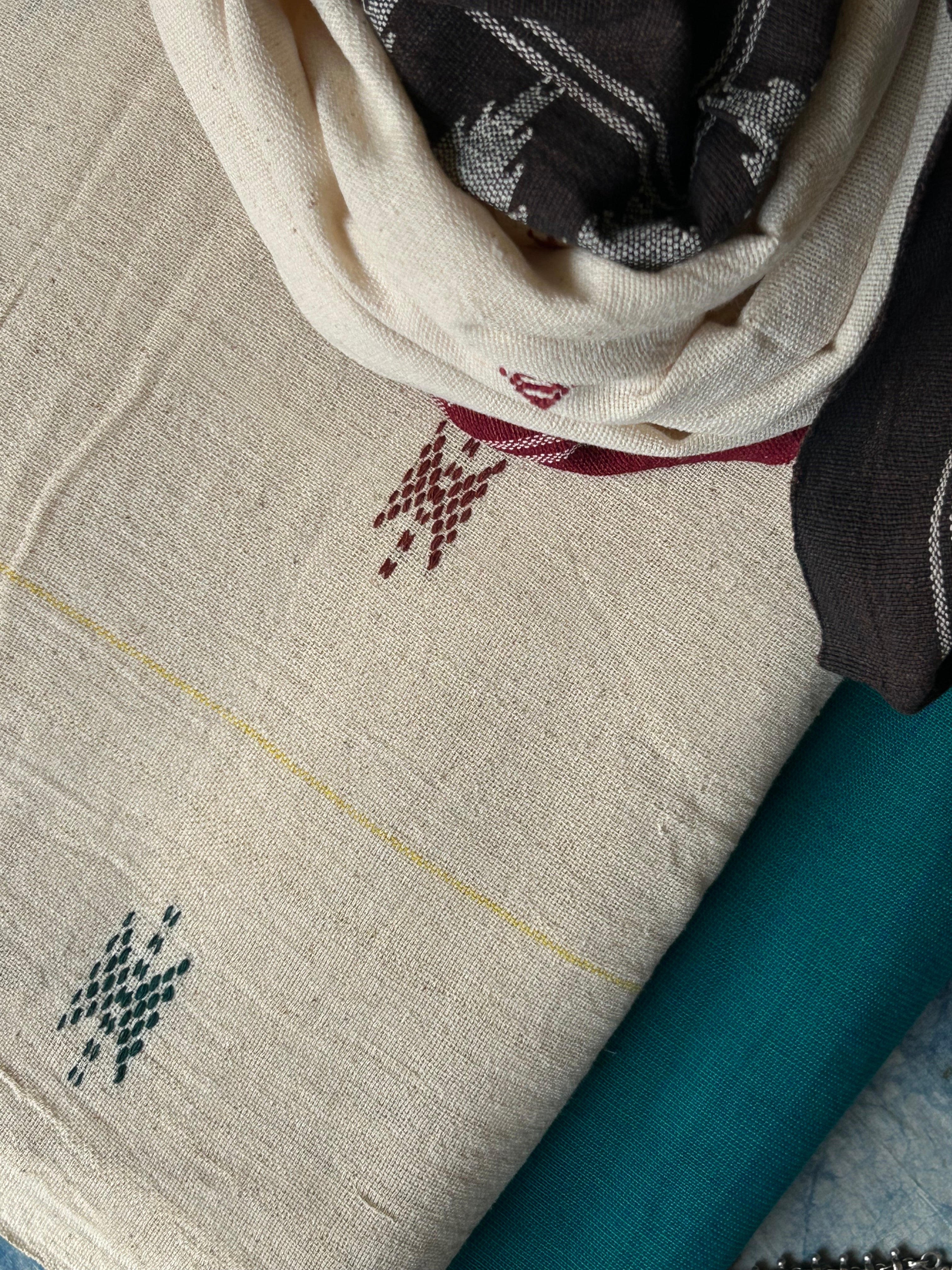 Handspun Handwoven Kotpad Suit Set - Ivory Multi Colour Butti