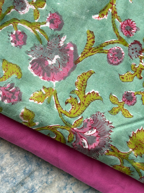 Handblock 2.5m Cotton Fabric - Sea Green 2