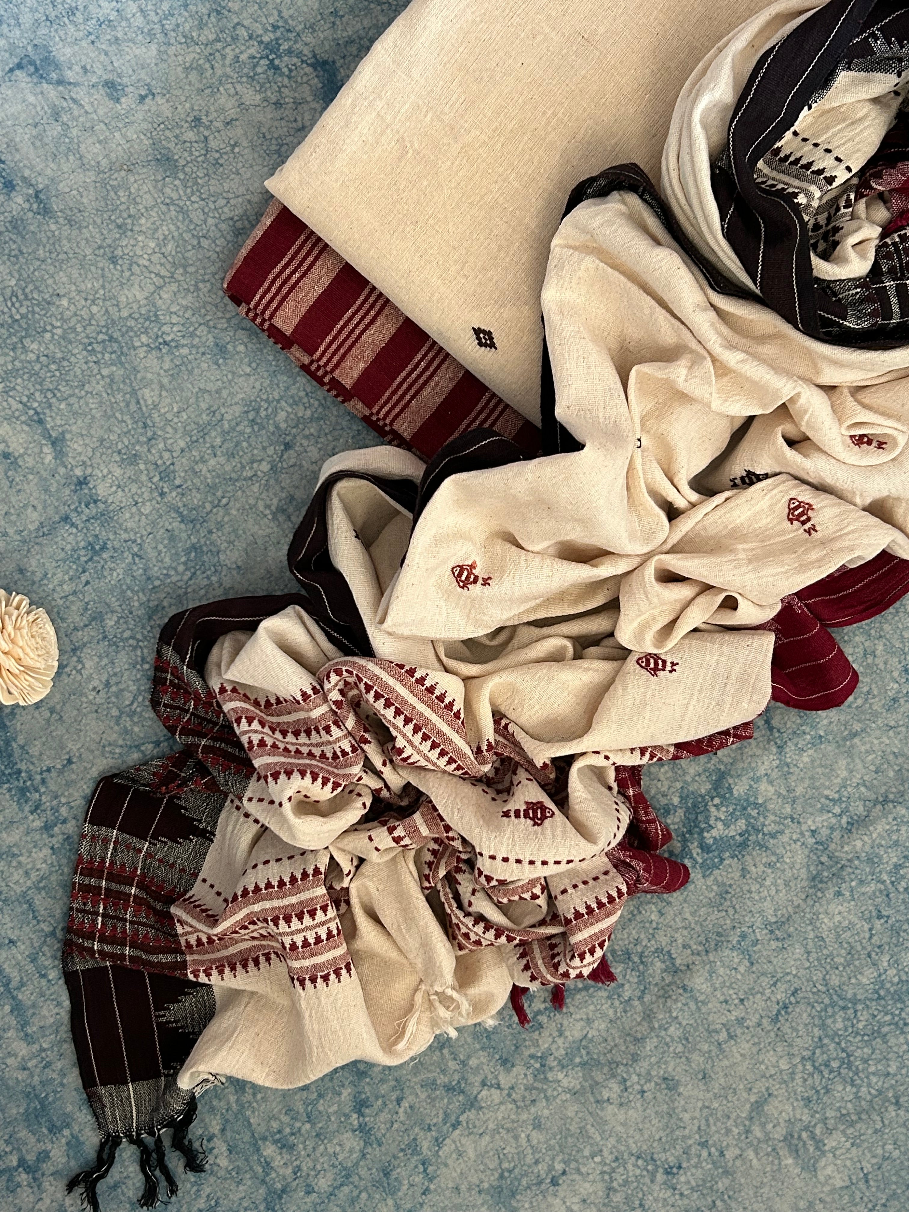 Handspun Handwoven Kotpad Suit Set - Ivory Butti and Maroon Stripes