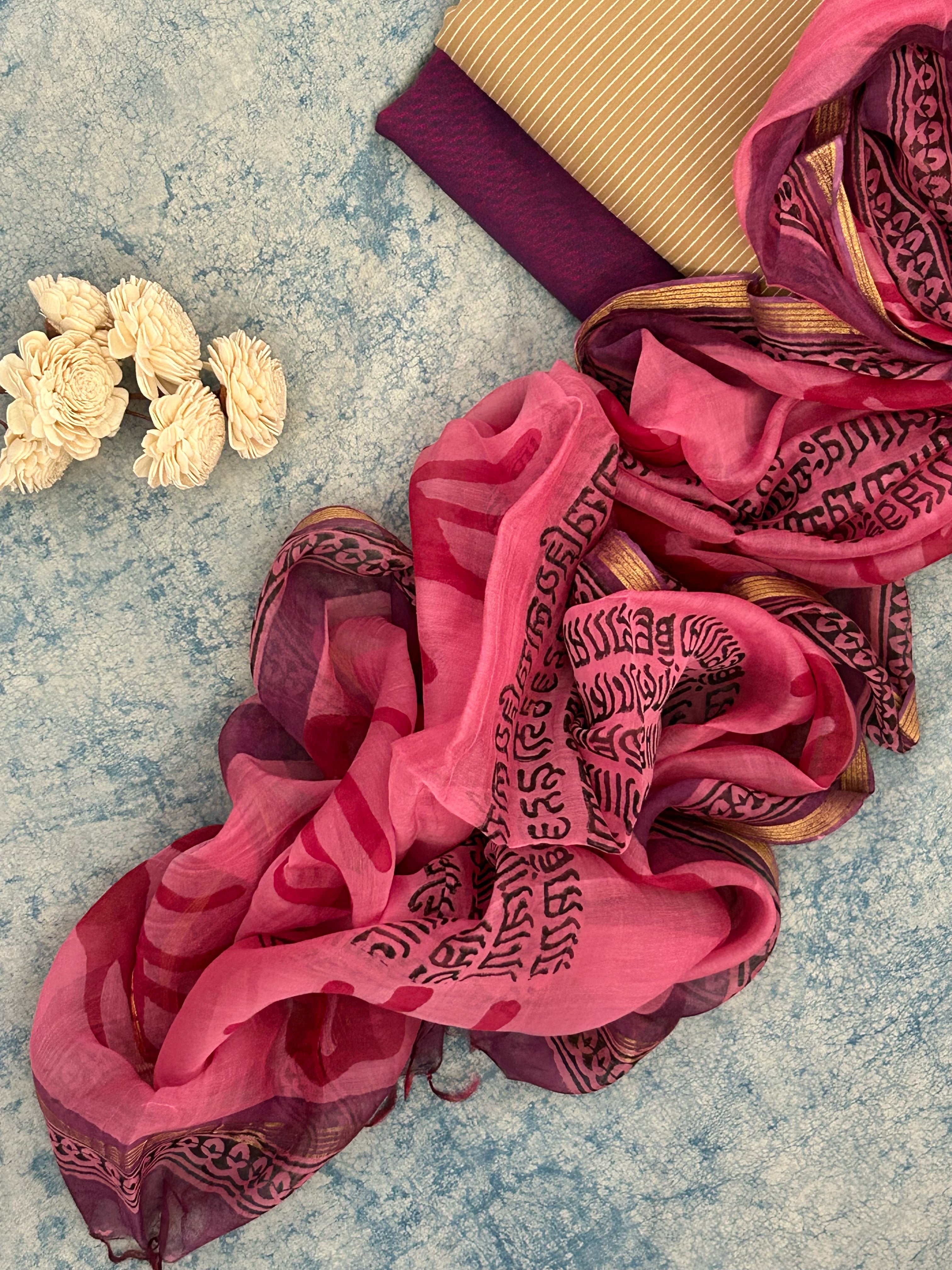 Handwoven Handblock Printed Set - Almond and Deep Plum