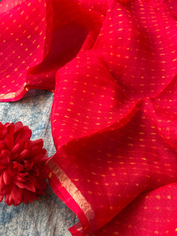 Handcrafted Tie-Dye Silk Kota Doria Dupatta - Red & haldi yellow