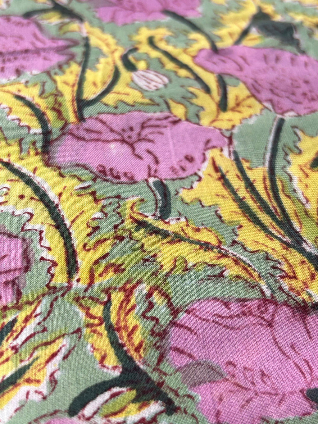 Handblock  Cotton Fabric -  Orchid Pink and Green Floral Jaal