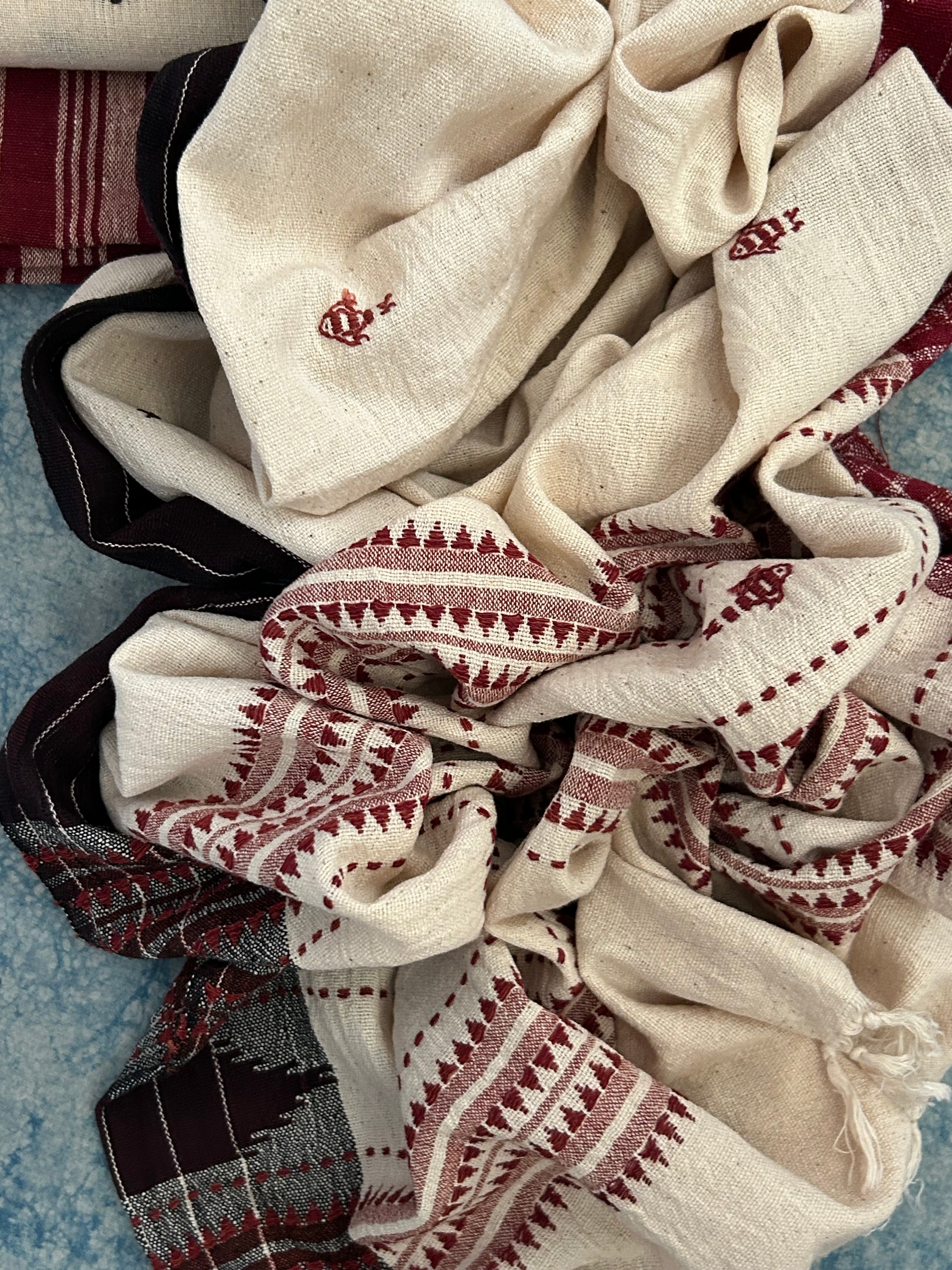 Handspun Handwoven Kotpad Suit Set - Ivory Butti and Maroon Stripes