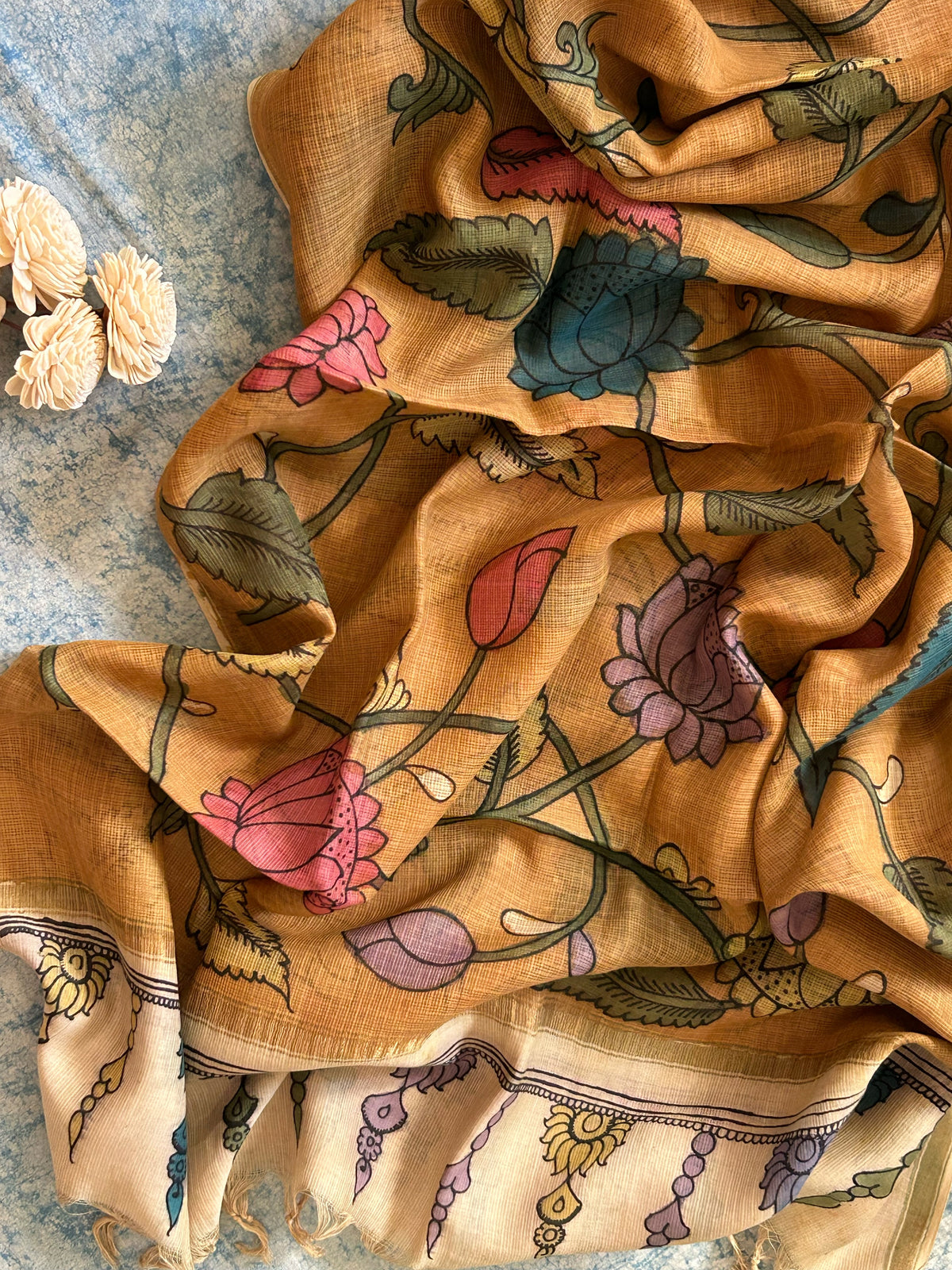 Shubha - Handwoven Hand-drawn Handpainted Pen Kalamkari Dupatta