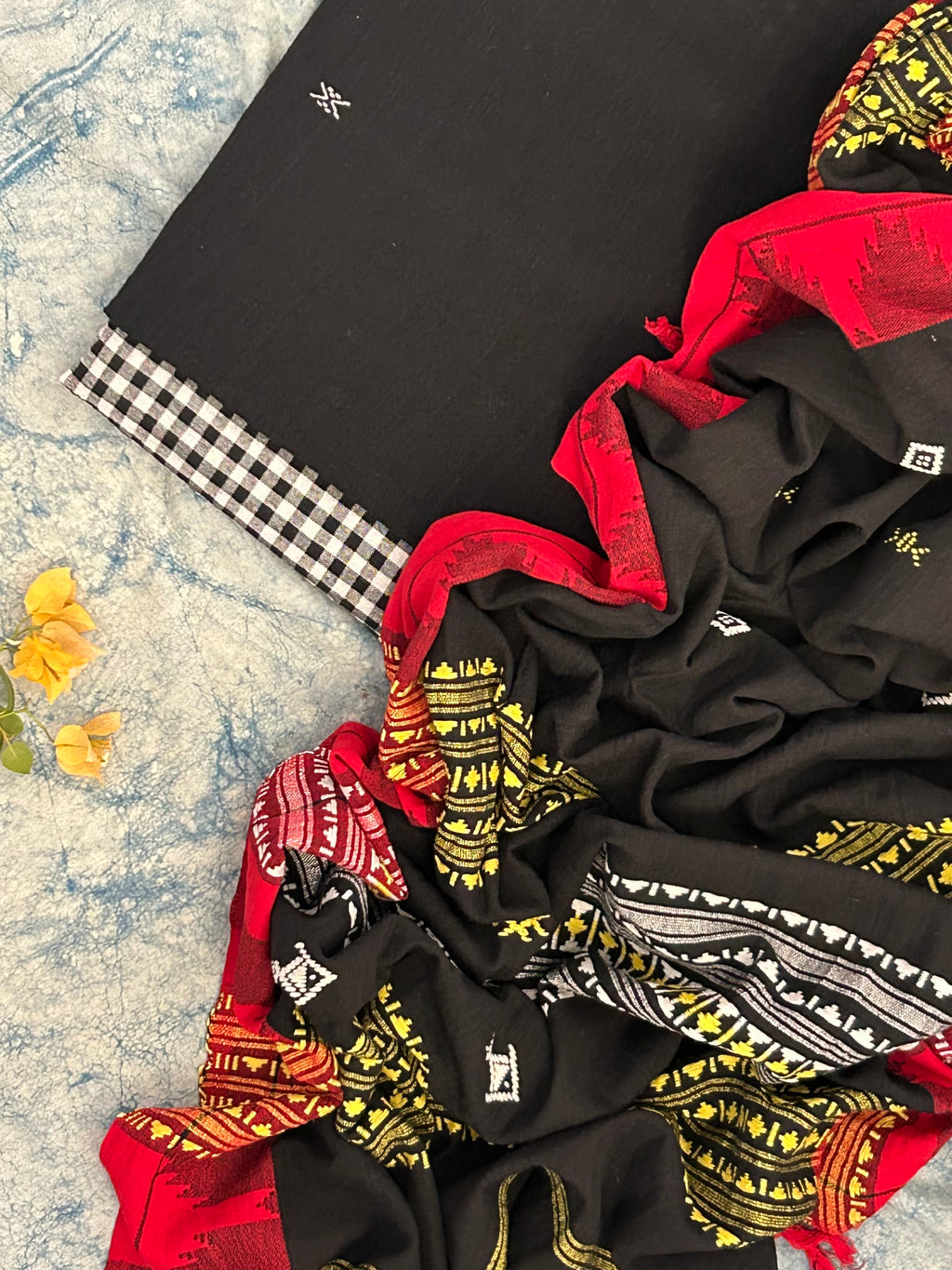 Handspun Handwoven Kotpad Suit Set -Black Checkered