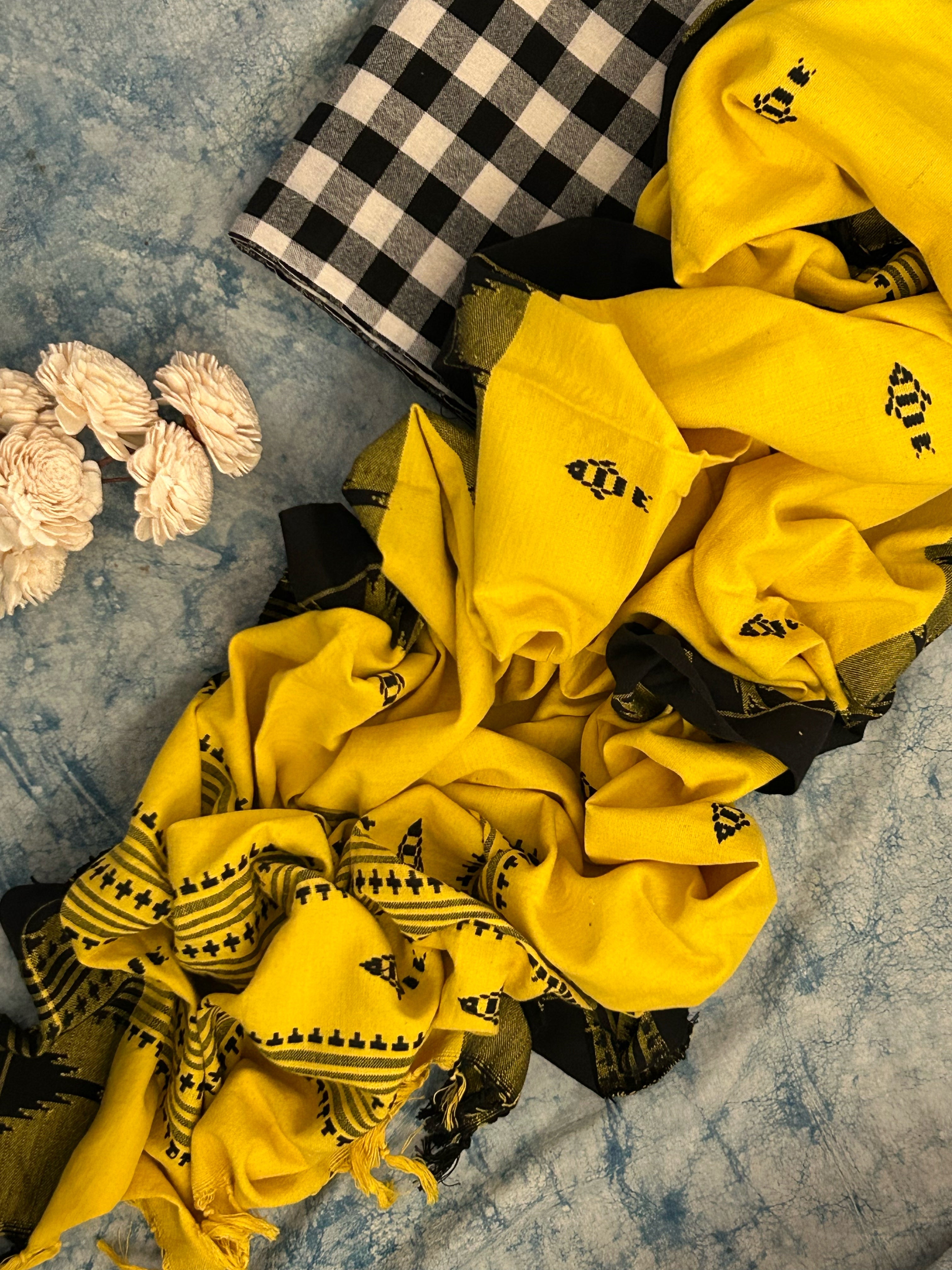 Handspun Handwoven Kotpad Suit Set - Checkered Black & Yellow