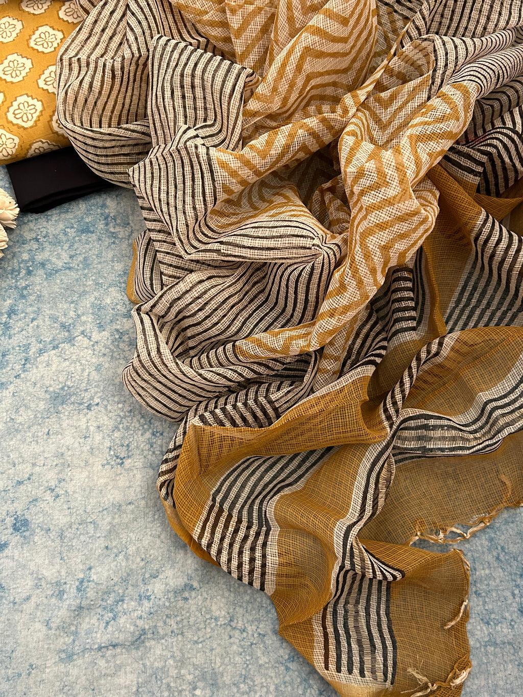 Handcrafted Cotton Suit Set - Mustard Floral Zigzag and Black