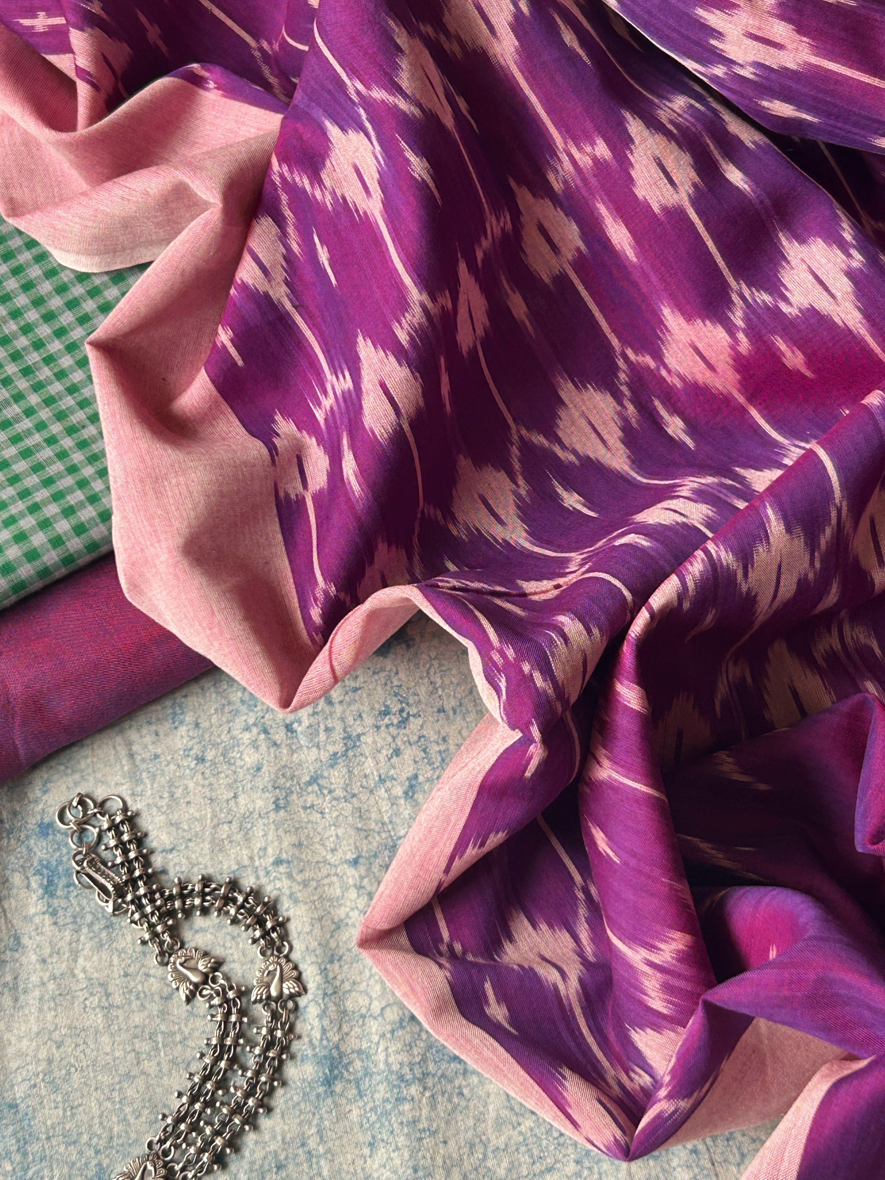 Handwoven Mangalagiri & Ikat Kurta Dupatta Set- Checkered Green and Deep Purple