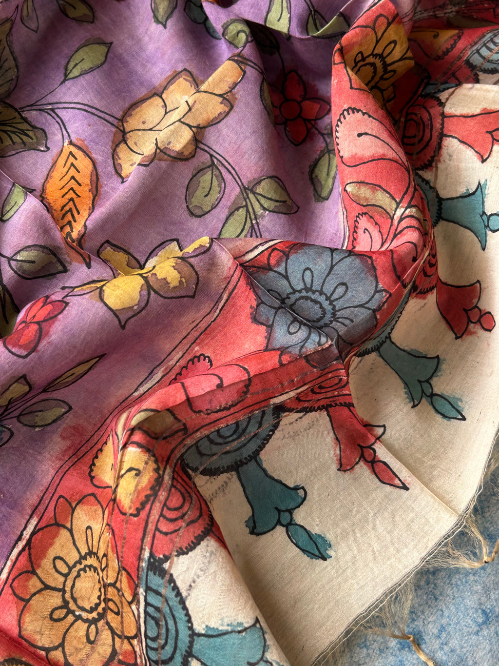 Mayurpankhi -Handwoven Hand-drawn Handpainted Pen Kalamkari Dupatta