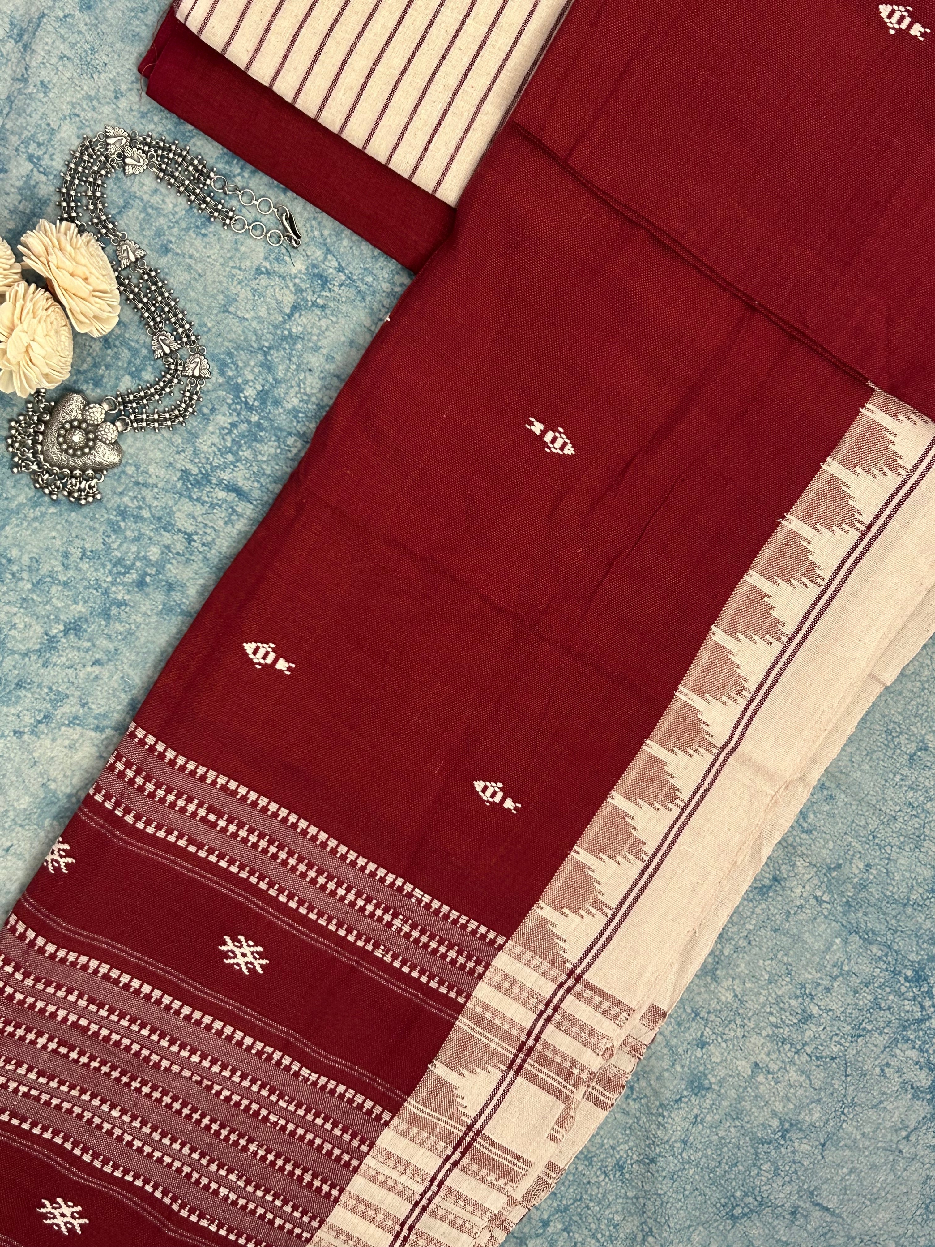 Handspun Handwoven Kotpad Suit Set - Ivory & Rust Maroon