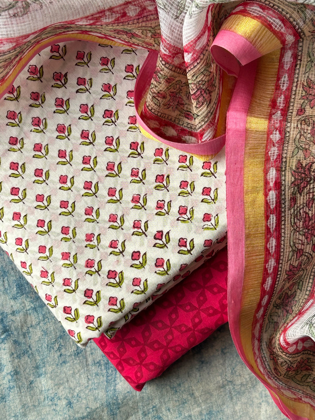 Handcrafted Cotton Suit Set - White Floral Butta