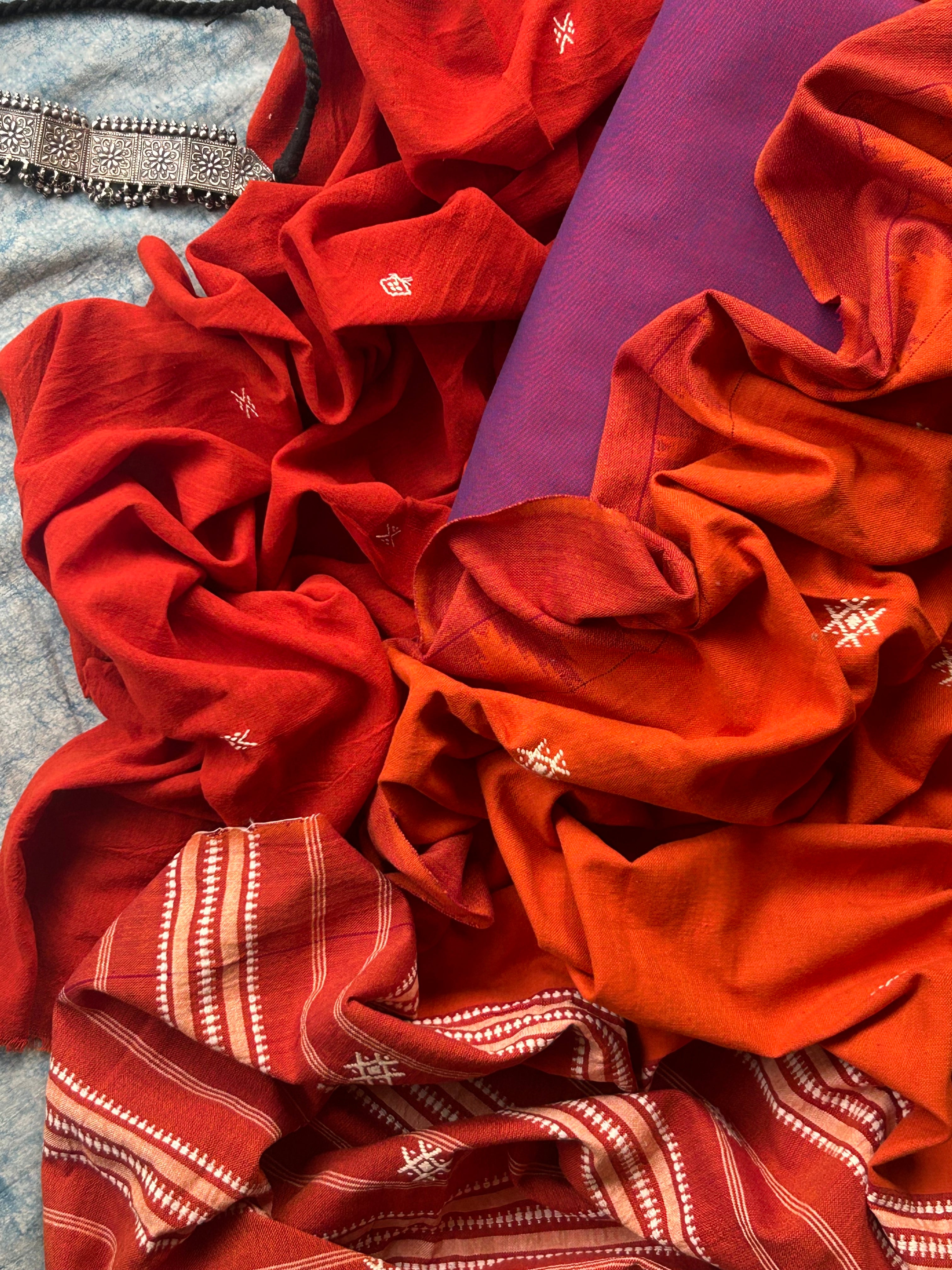 Handspun Handwoven Kotpad Suit Set - Bright Orange and Purple