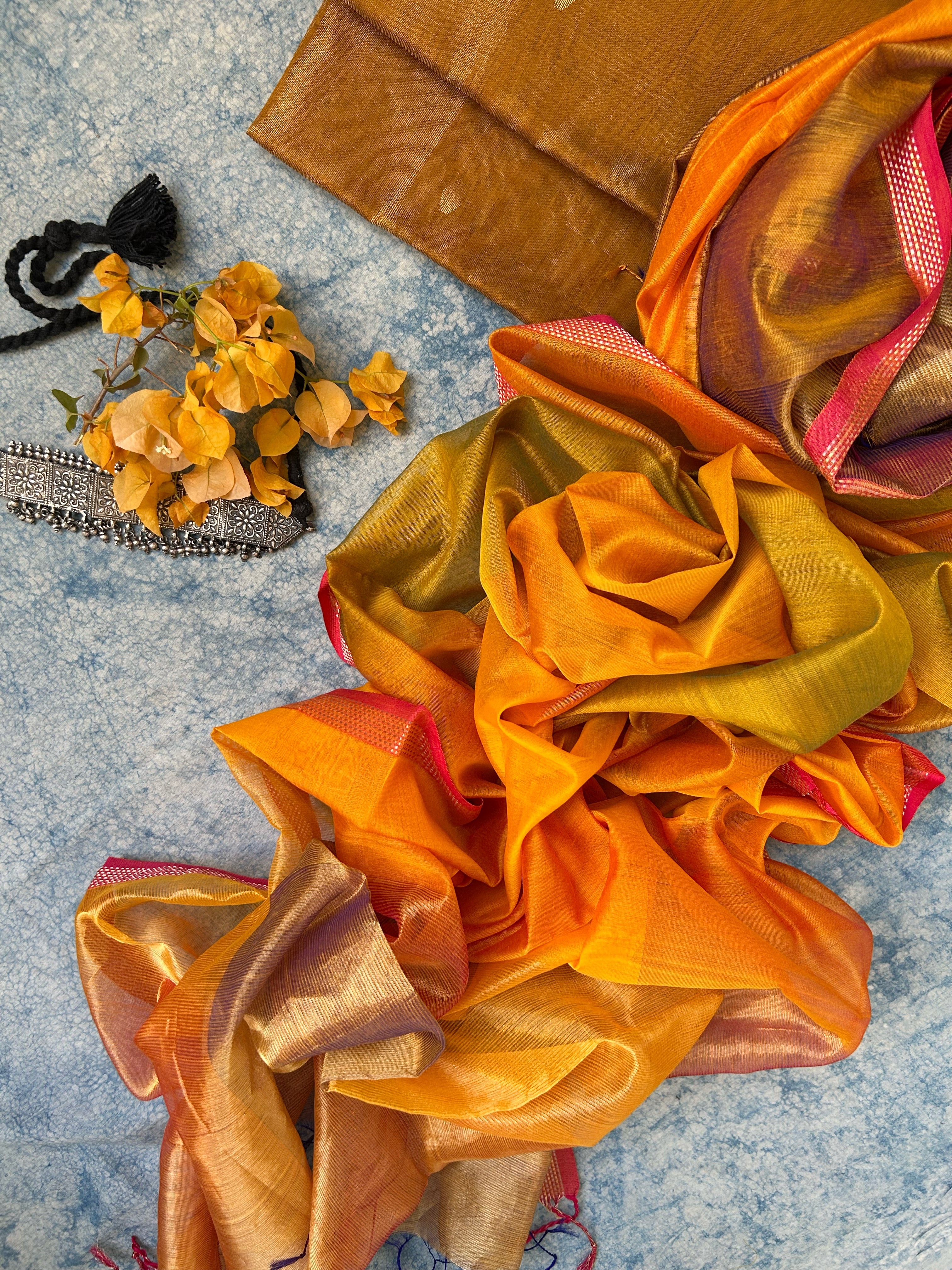 Handwoven Maheshwari Kurta Dupatta Set - Mustard and Orange