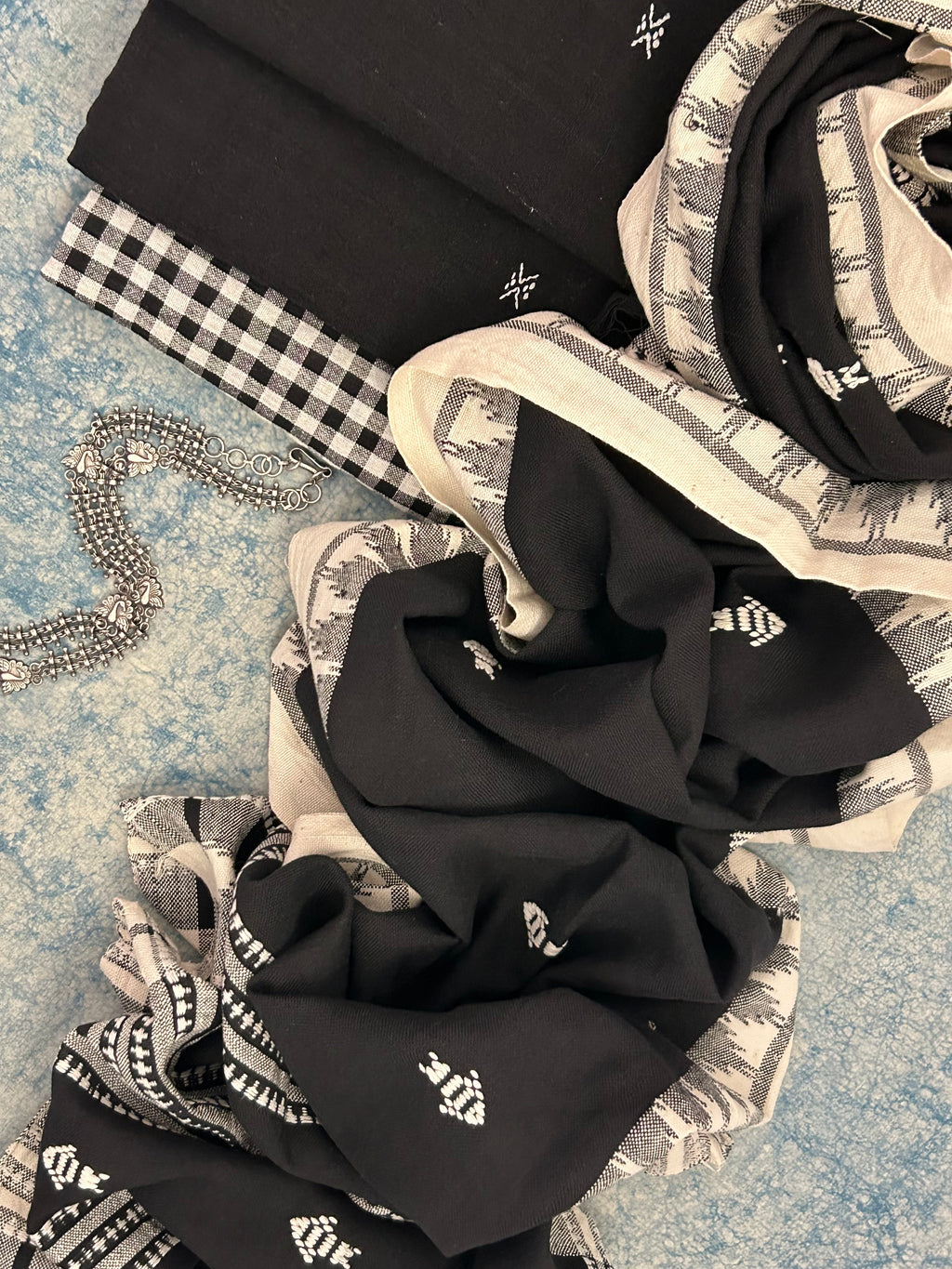 Handspun Handwoven Kotpad Suit Set -Black Butti & Checkered Fish Butti Stole