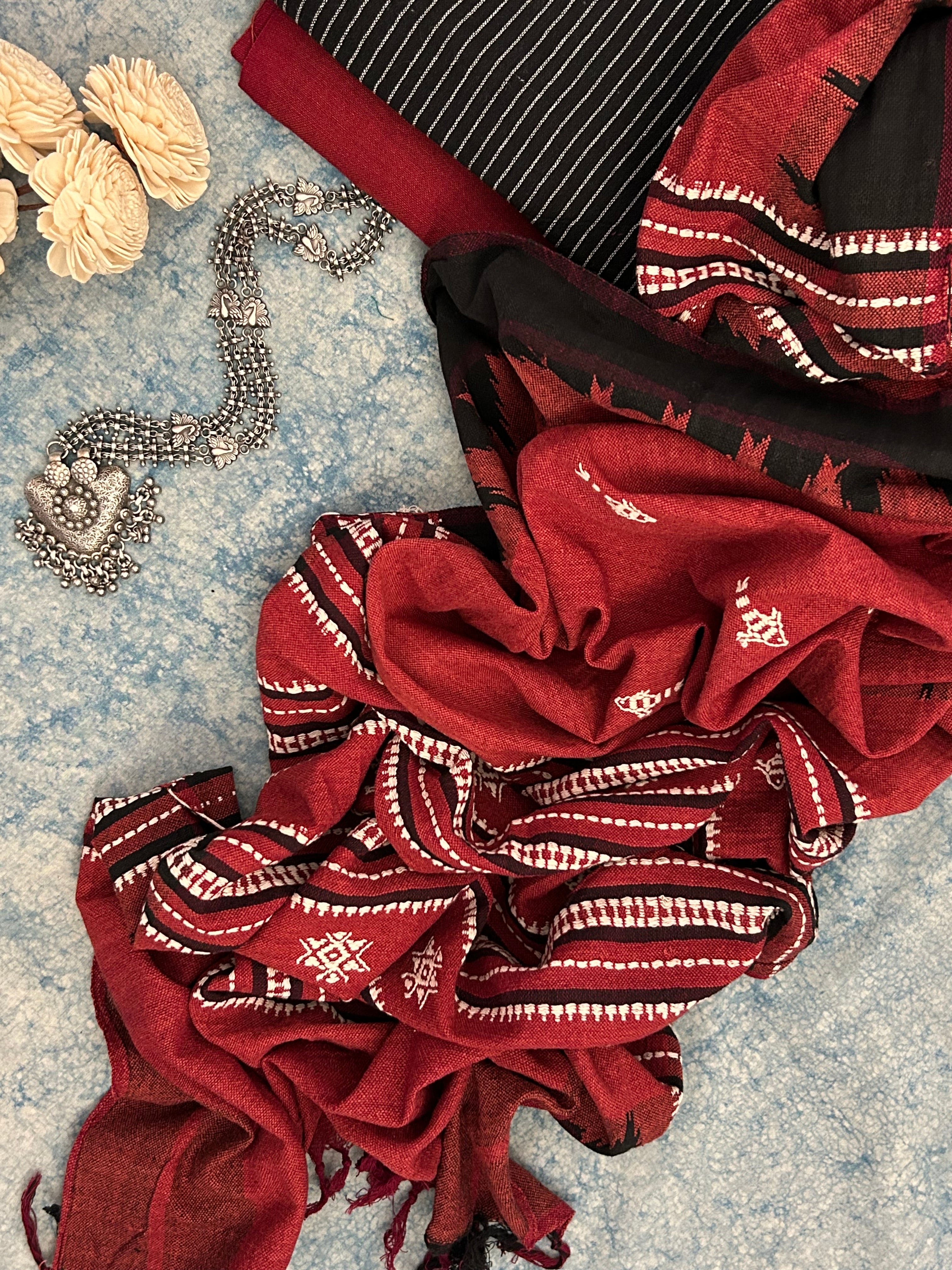 Handspun Handwoven Kotpad Suit Set - Black & Rust Maroon