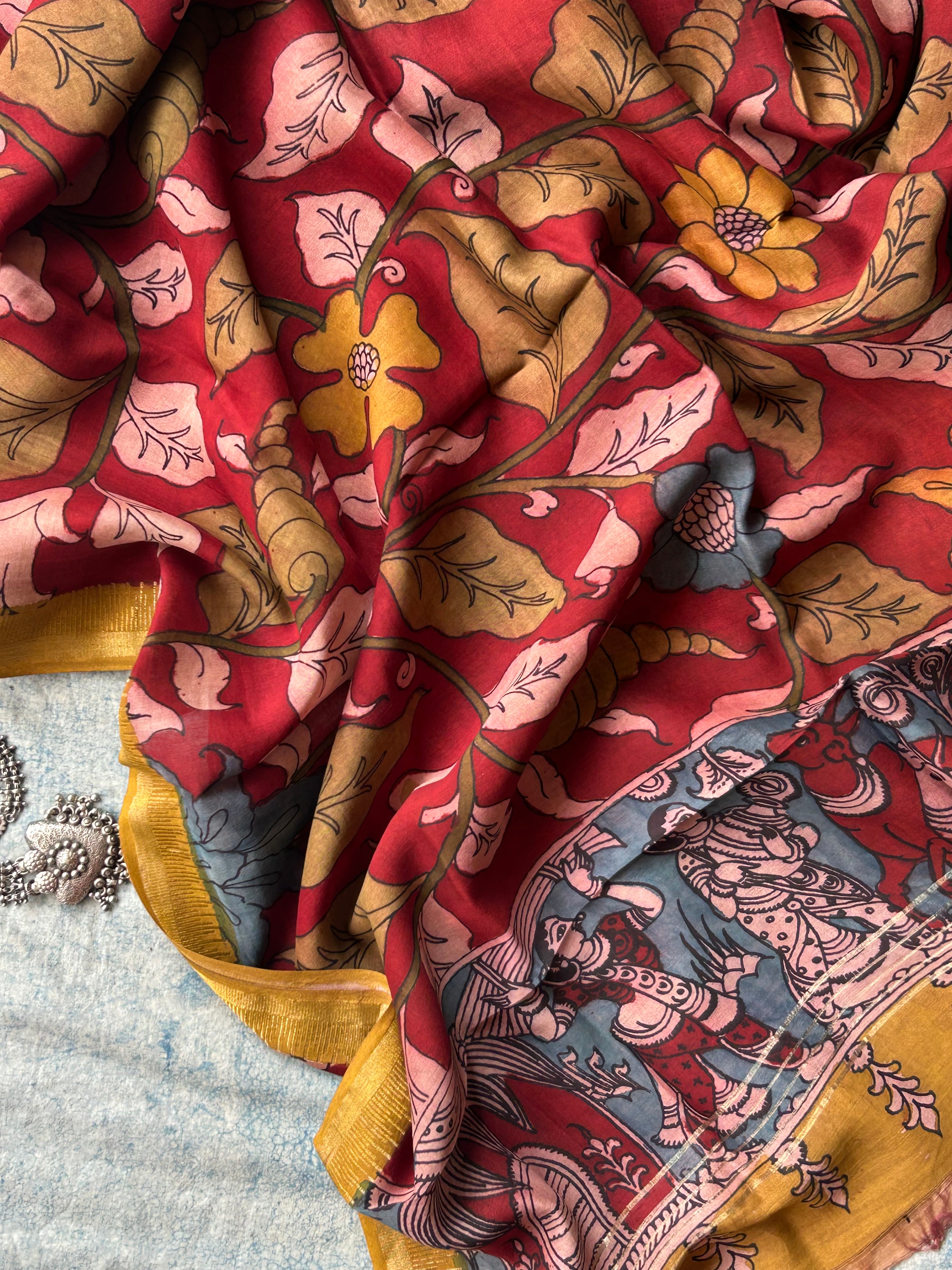 Sindoori -Handwoven Hand-drawn Handpainted Pen Kalamkari Dupatta