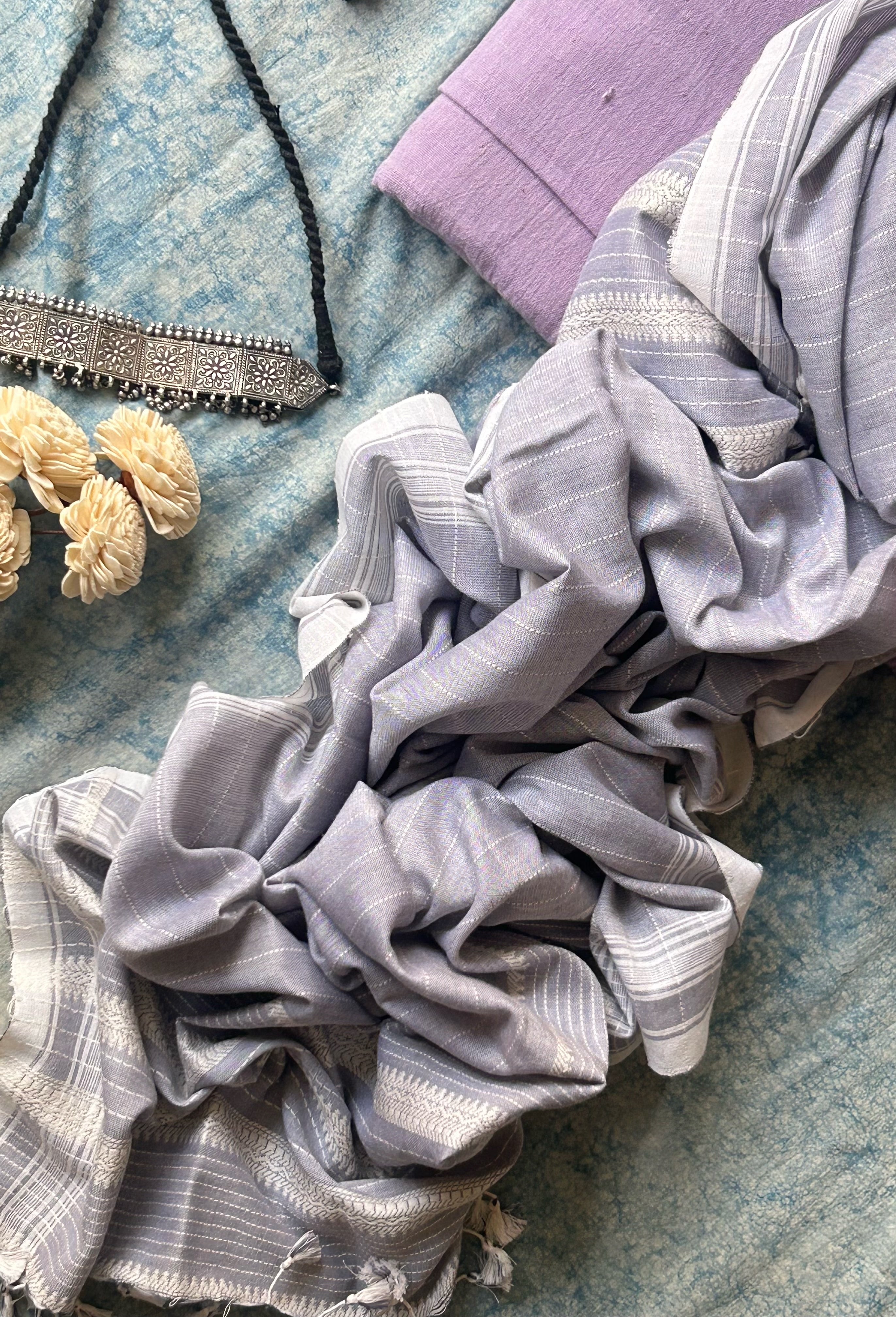 Handwoven Bhujodi Kala Cotton Set - Lavender