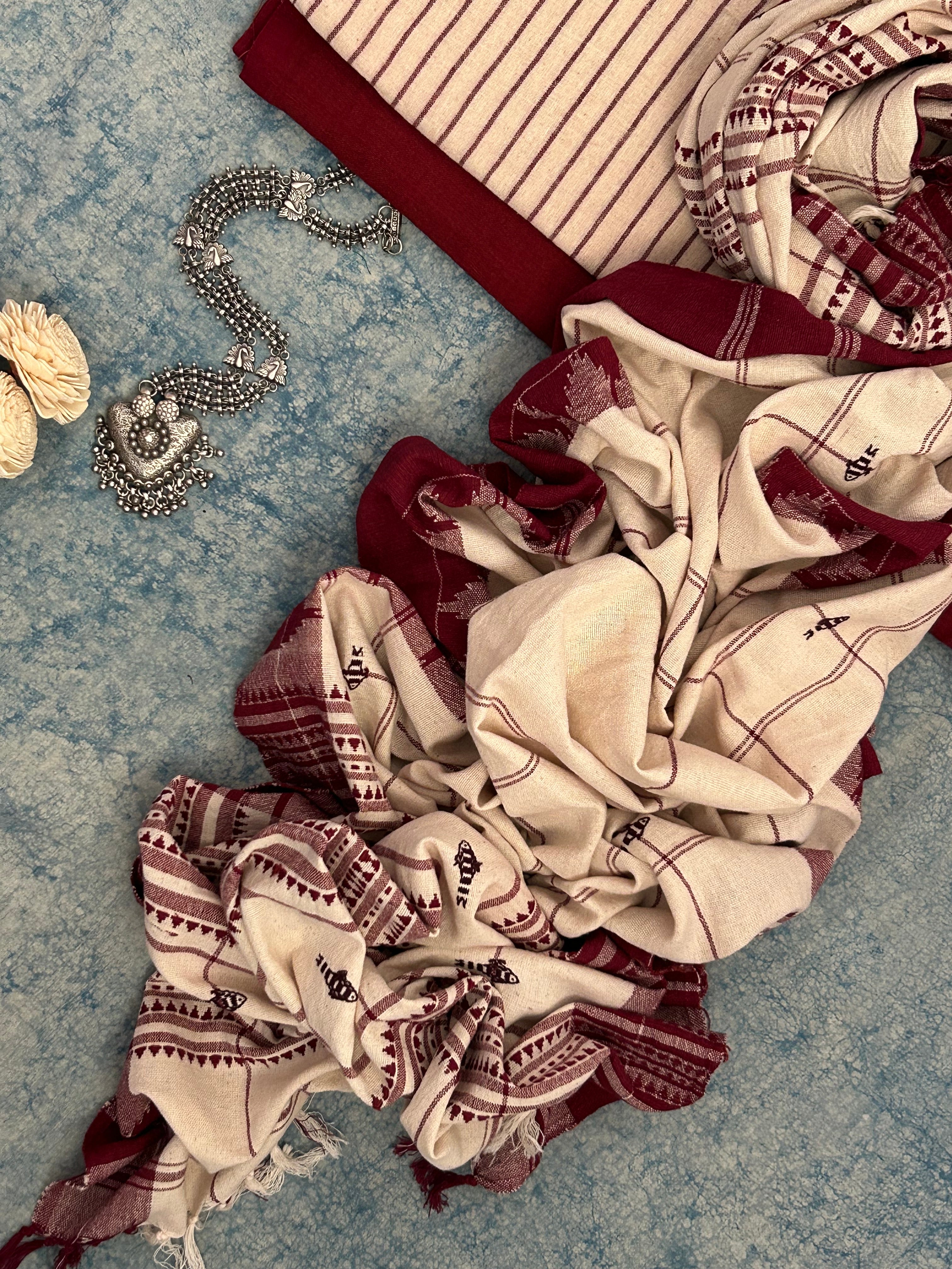 Handspun Handwoven Kotpad Suit Set - Ivory & Rust Maroon