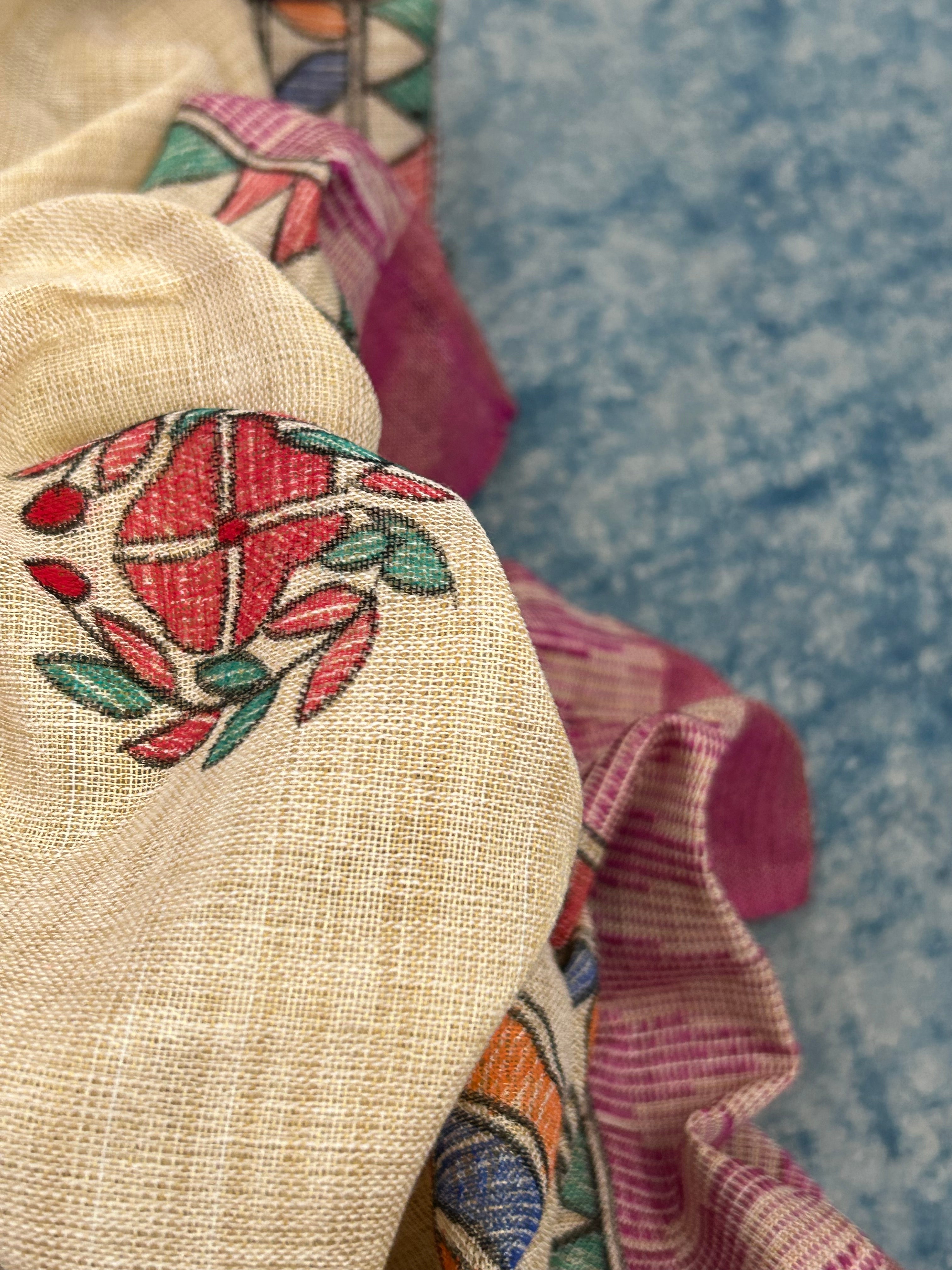 Madhubani Handpainted Cotton Silk Dupatta
