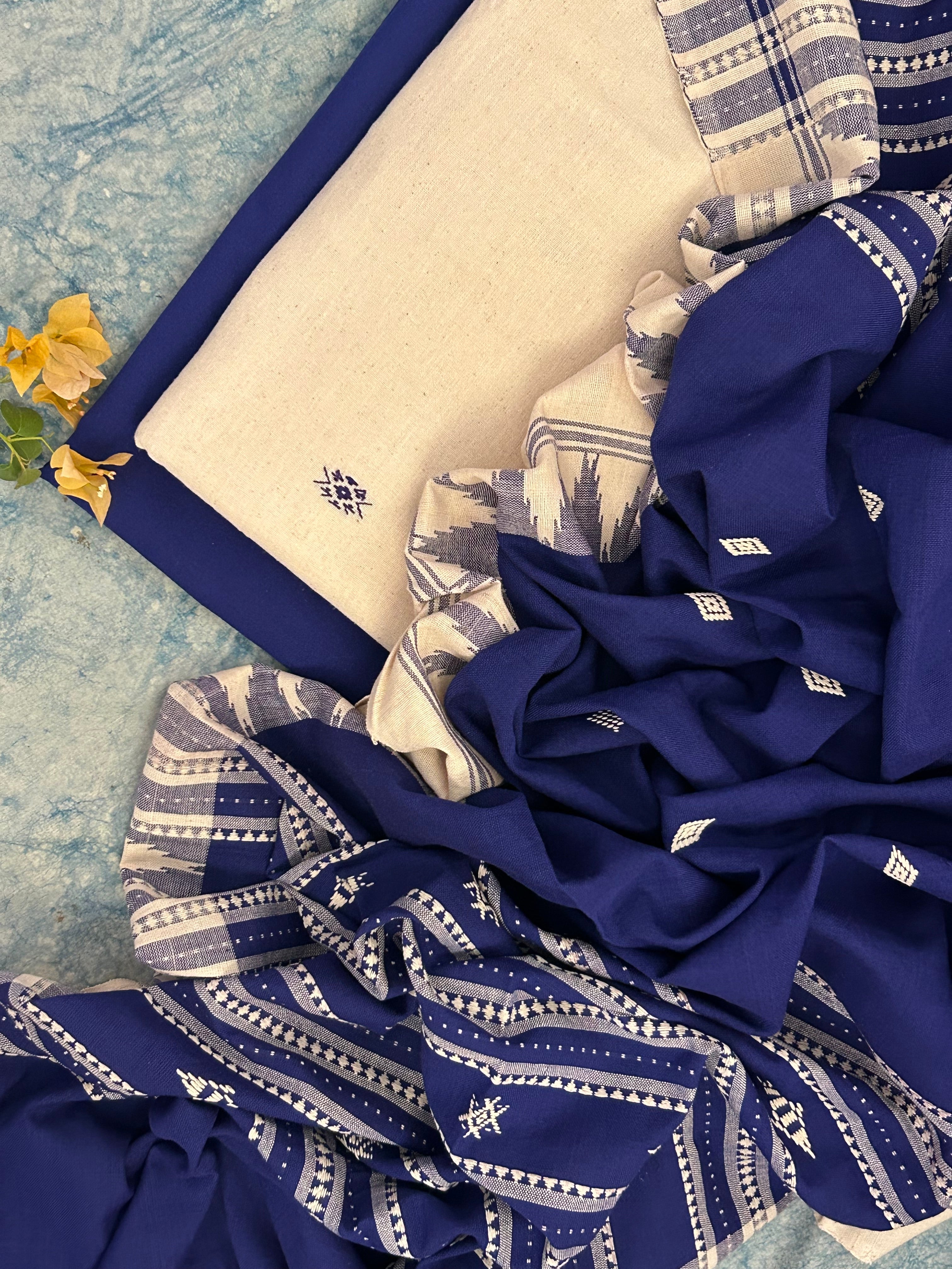 Handspun Handwoven Kotpad Suit Set - Ivory Blue Butti