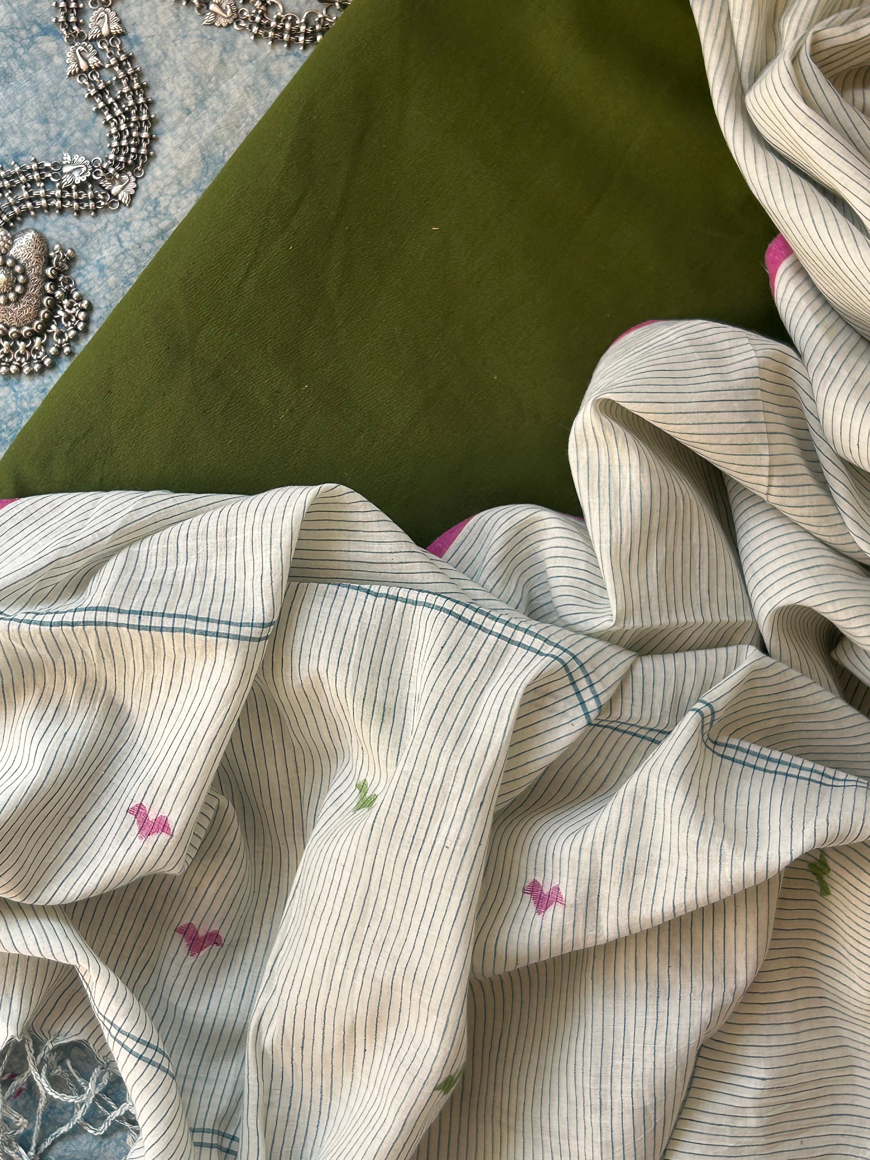 Handwoven Cotton Bengal Jamdani Dupatta Set - The Garden Bloom Green