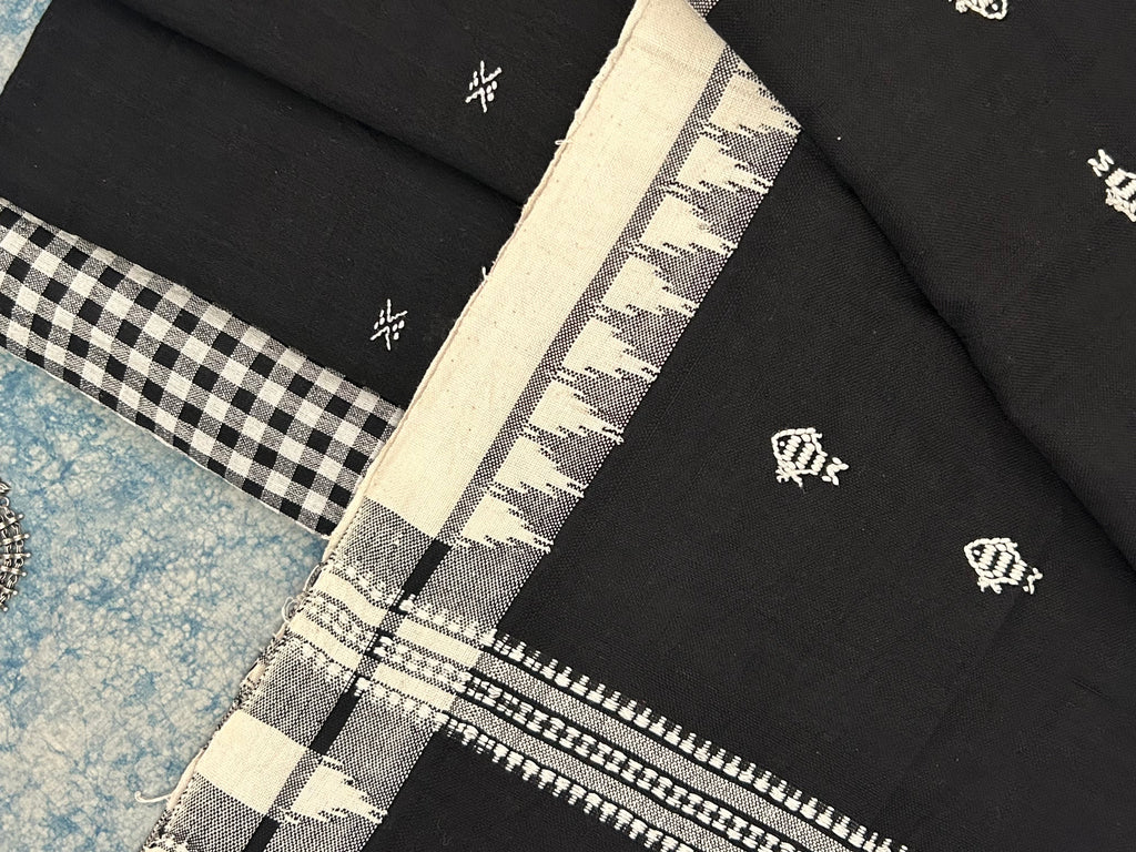 Handspun Handwoven Kotpad Suit Set -Black Butti & Checkered Fish Butti Stole