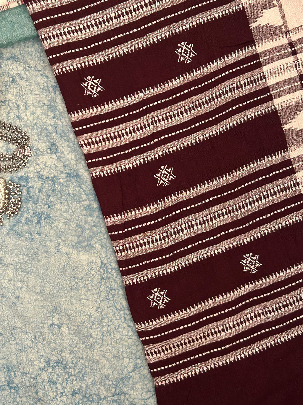 Handspun Handwoven Kotpad Suit Set -Ivory Multi Colour and Sea Foam Blue