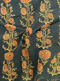 Handblock Printed Ajrakh Cotton - Green Floral (2.4m)
