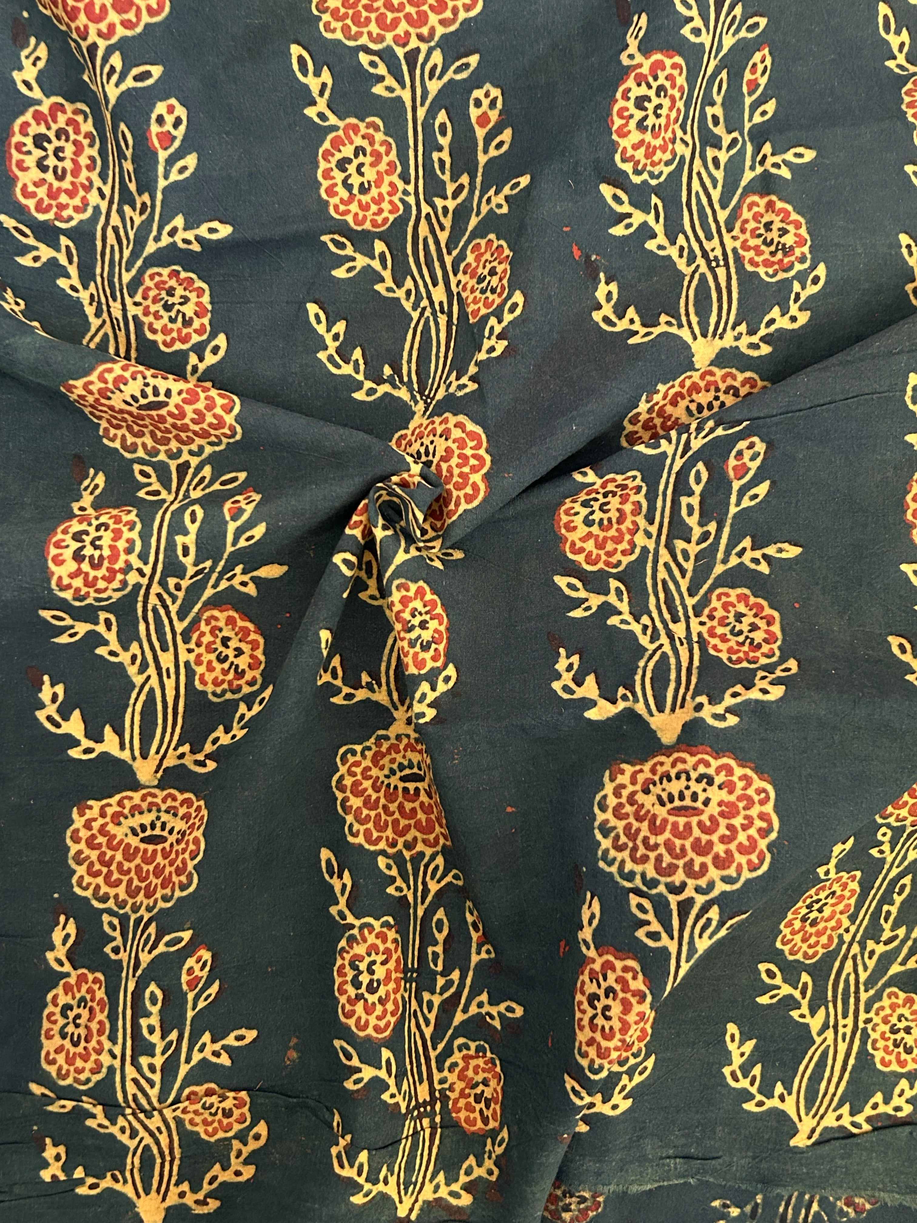 Handblock Printed Ajrakh Cotton - Green Floral (2.4m)